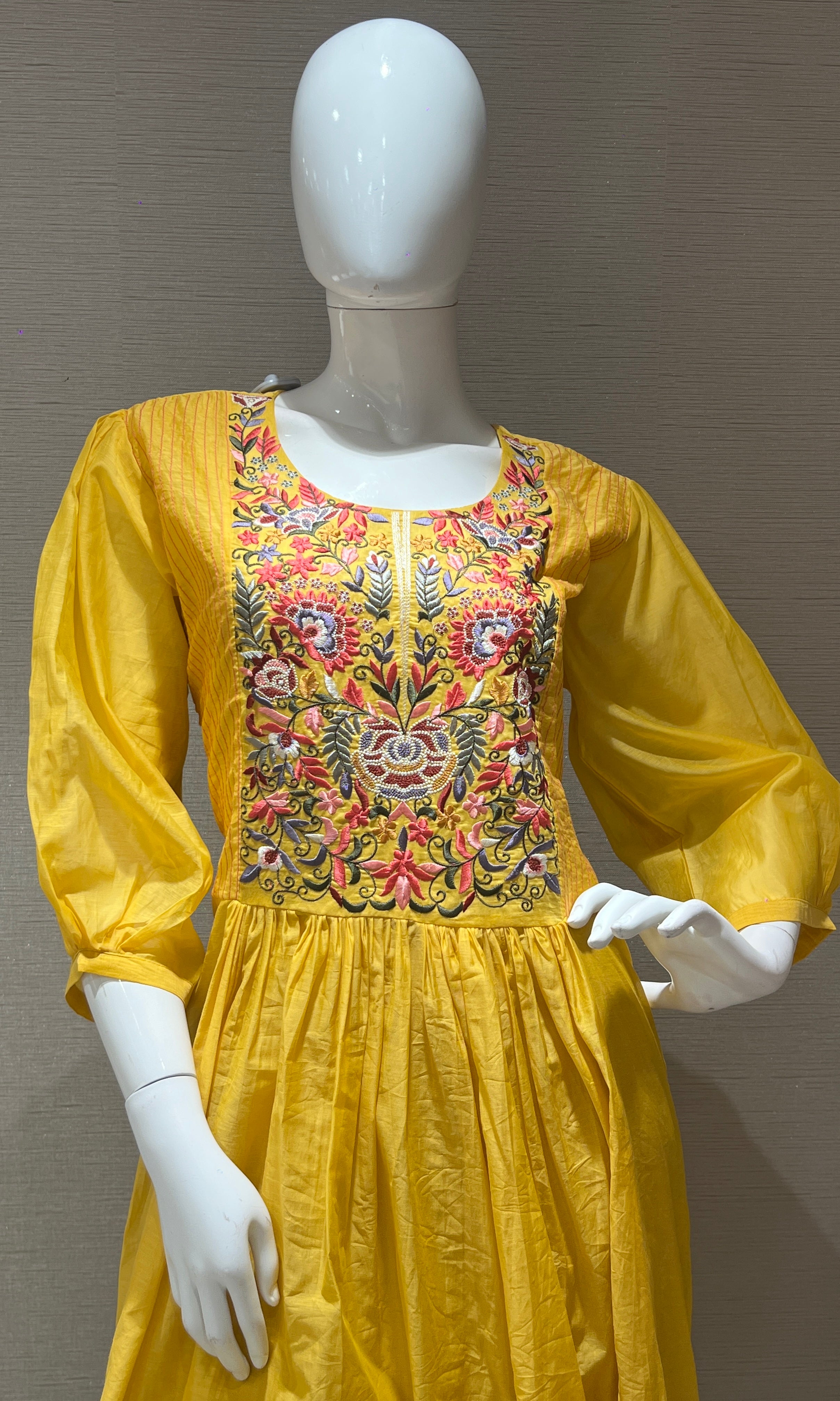 Yellow mul Chanderi  Anarkali kurta set