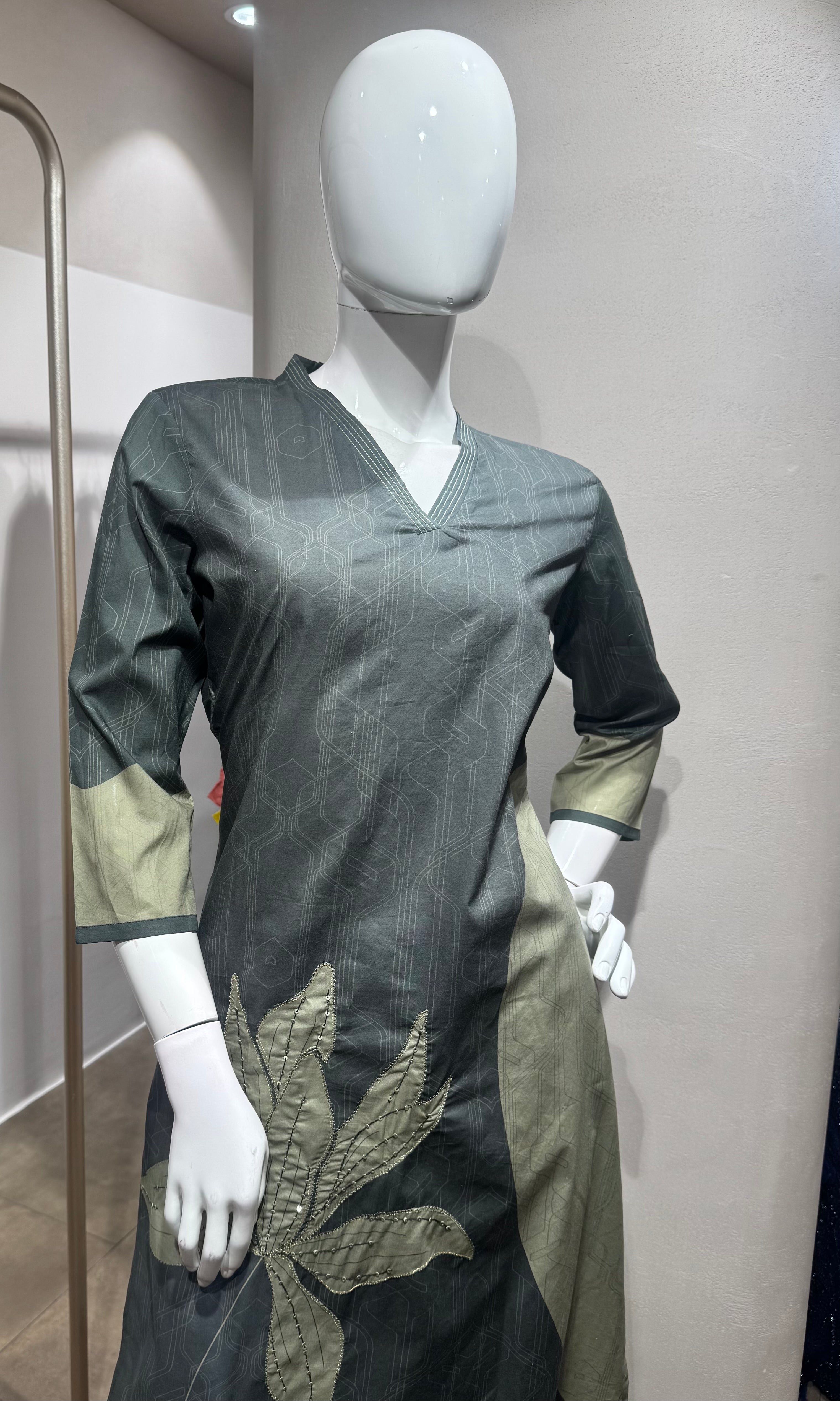 Green V-Neck Floral Embroidered kurta set