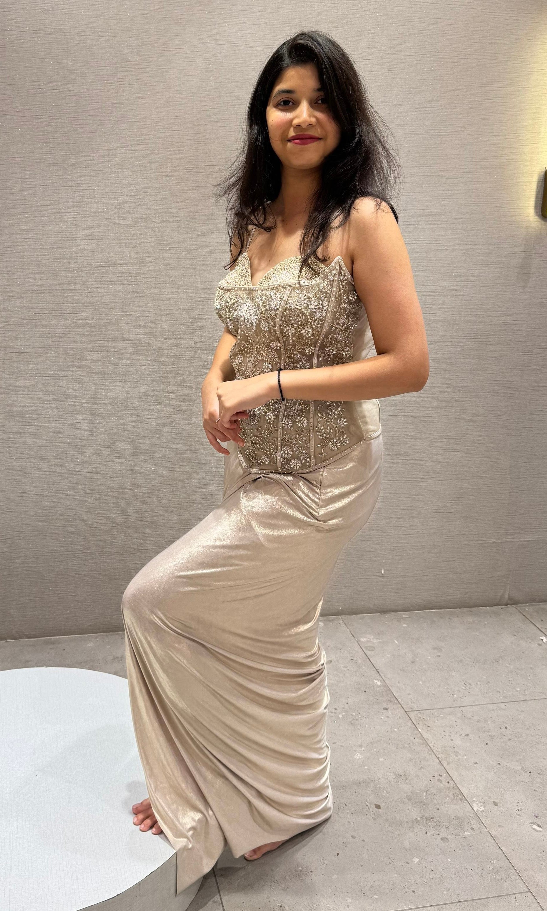 Cream gold corset blouse with drape skirt Indo western outfit