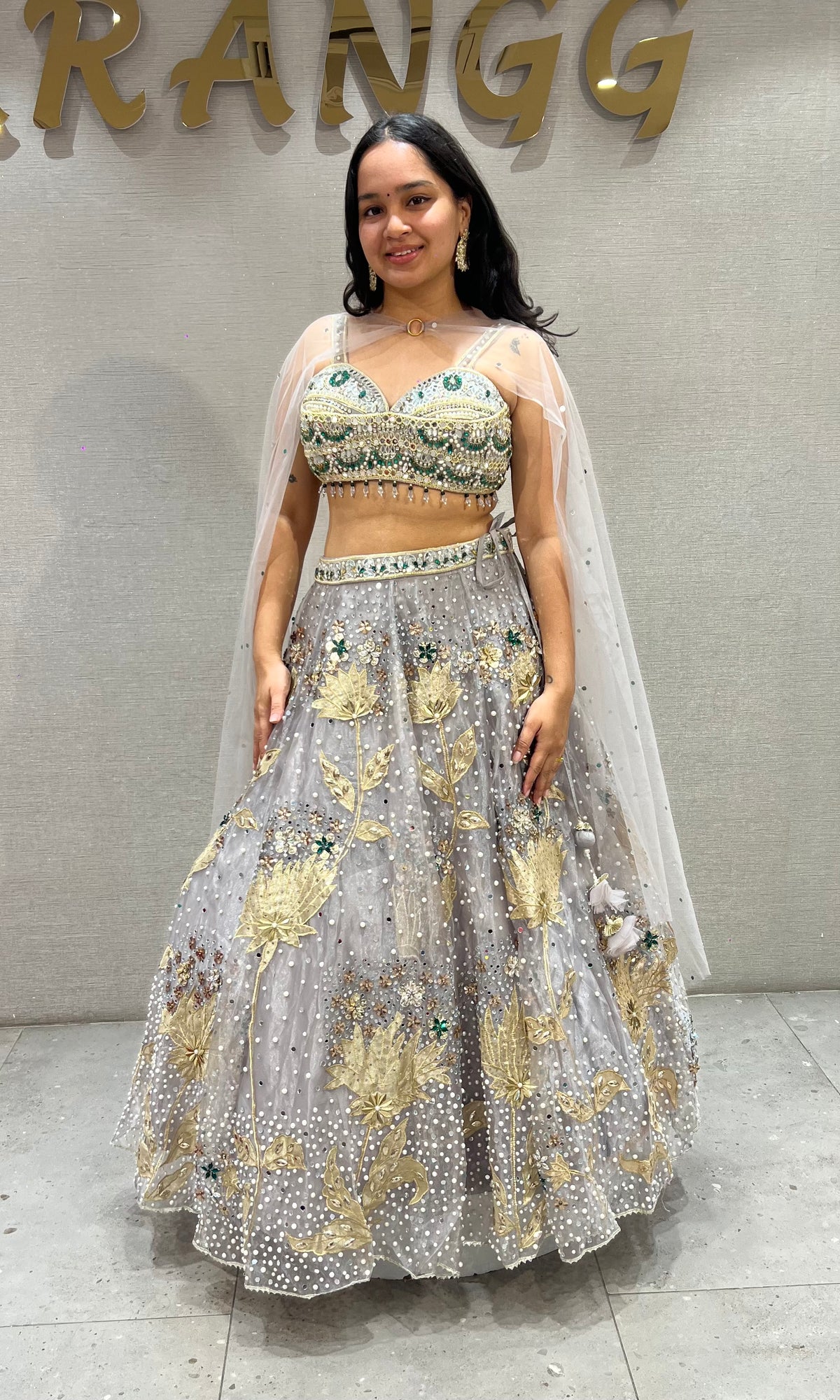 grey and gold soft net Crystal pastel bridal lehenga set