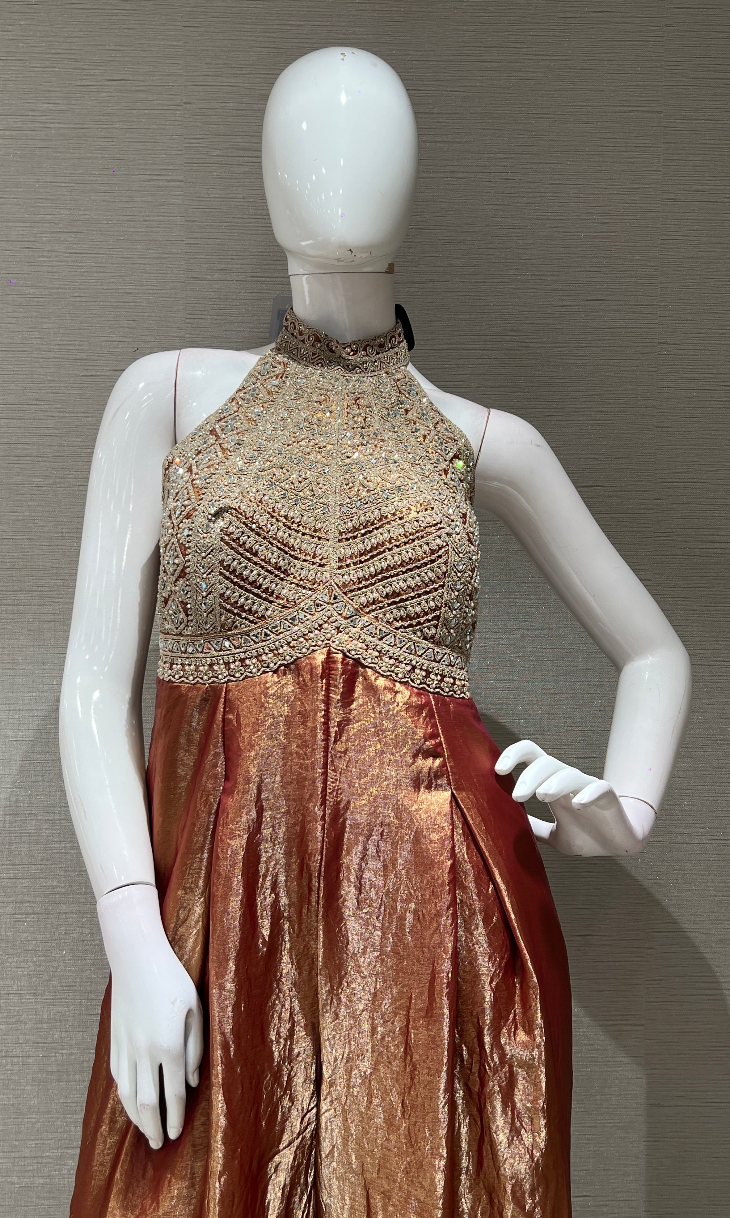 RUST EMBROIDERED HALTER NECK JUMPSUIT