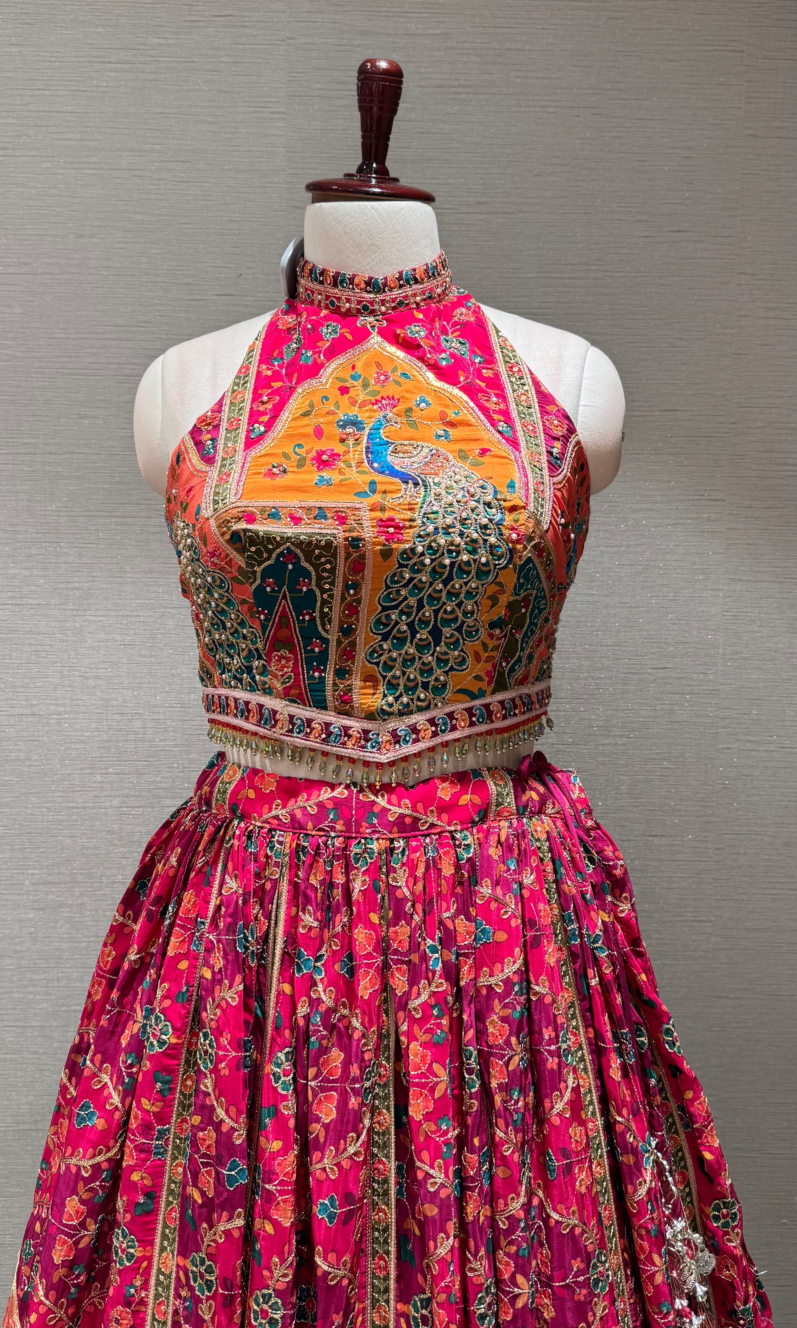 pink Mayur Pichwai halter neck Lehenga set