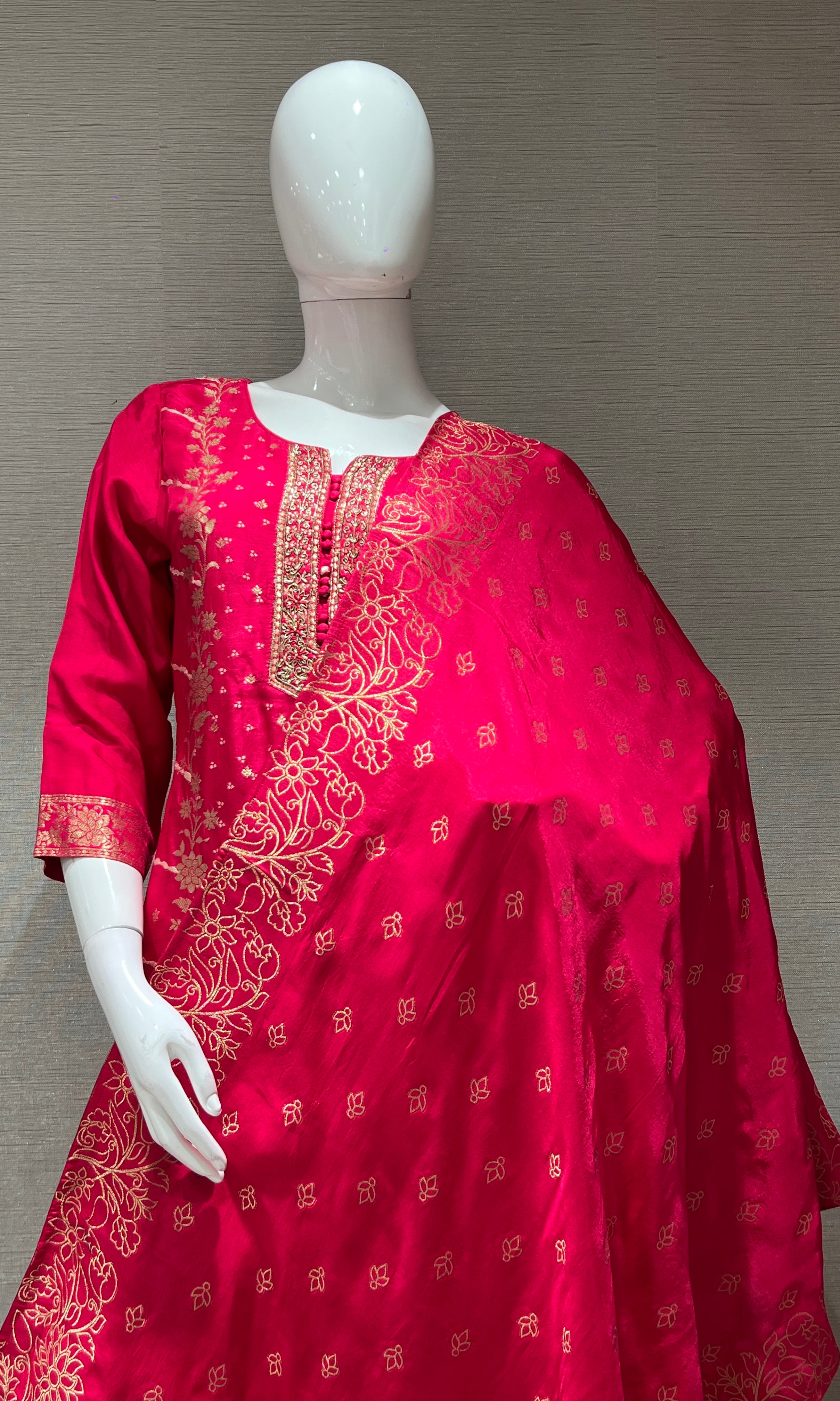 Rani Pink Kurta Set with Gold Print Dupatta