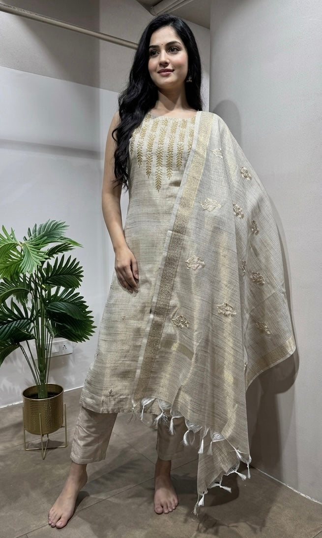 Fawn Banarasi Silk Elegant Kurta SET