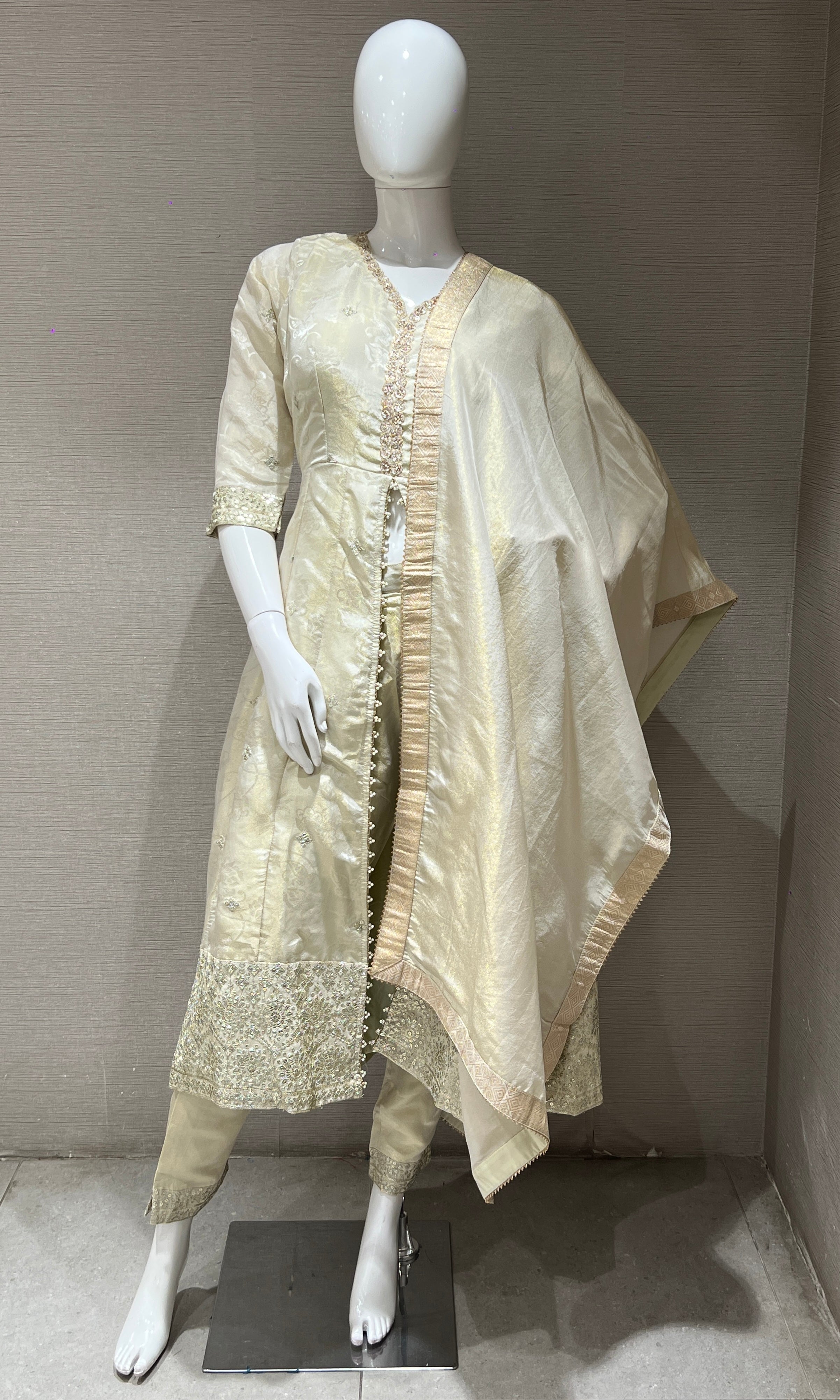 Cream Embroidered Front Slit Anarkali