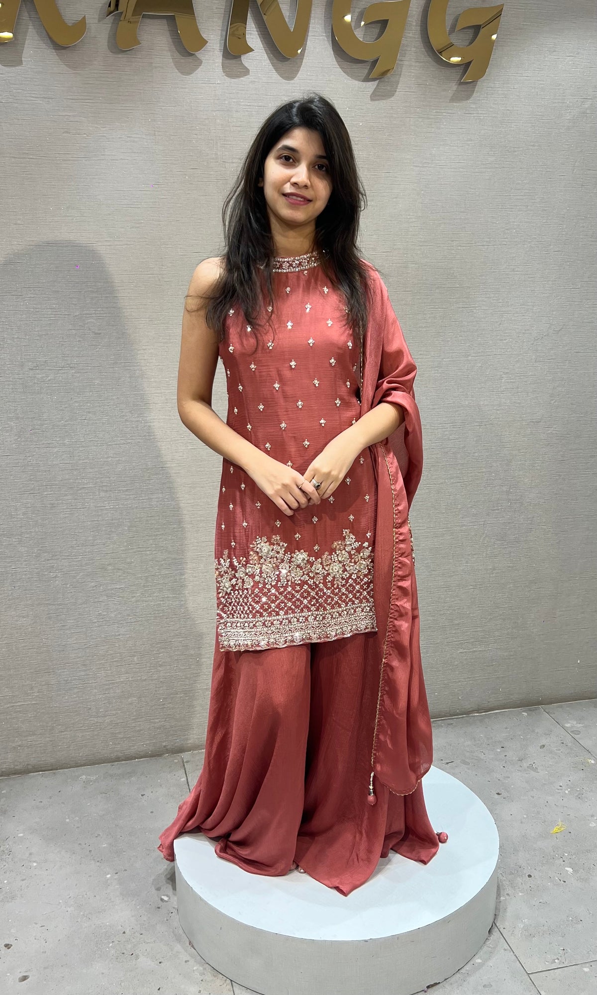 Rust Silk Embroidered Kurta and Palazzo Set