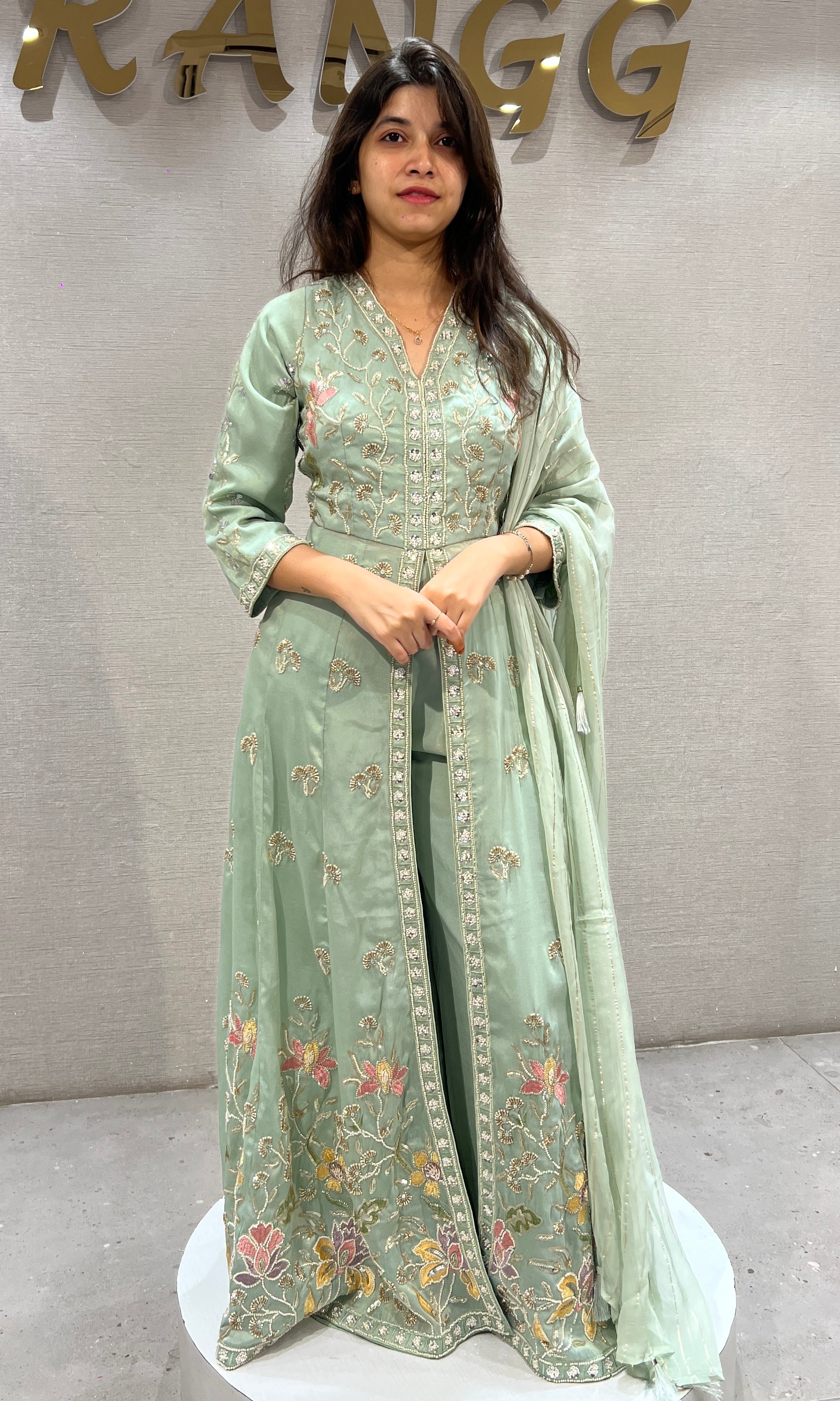 Sea Green Ethnic Anarkali front slit with Palazzo pants