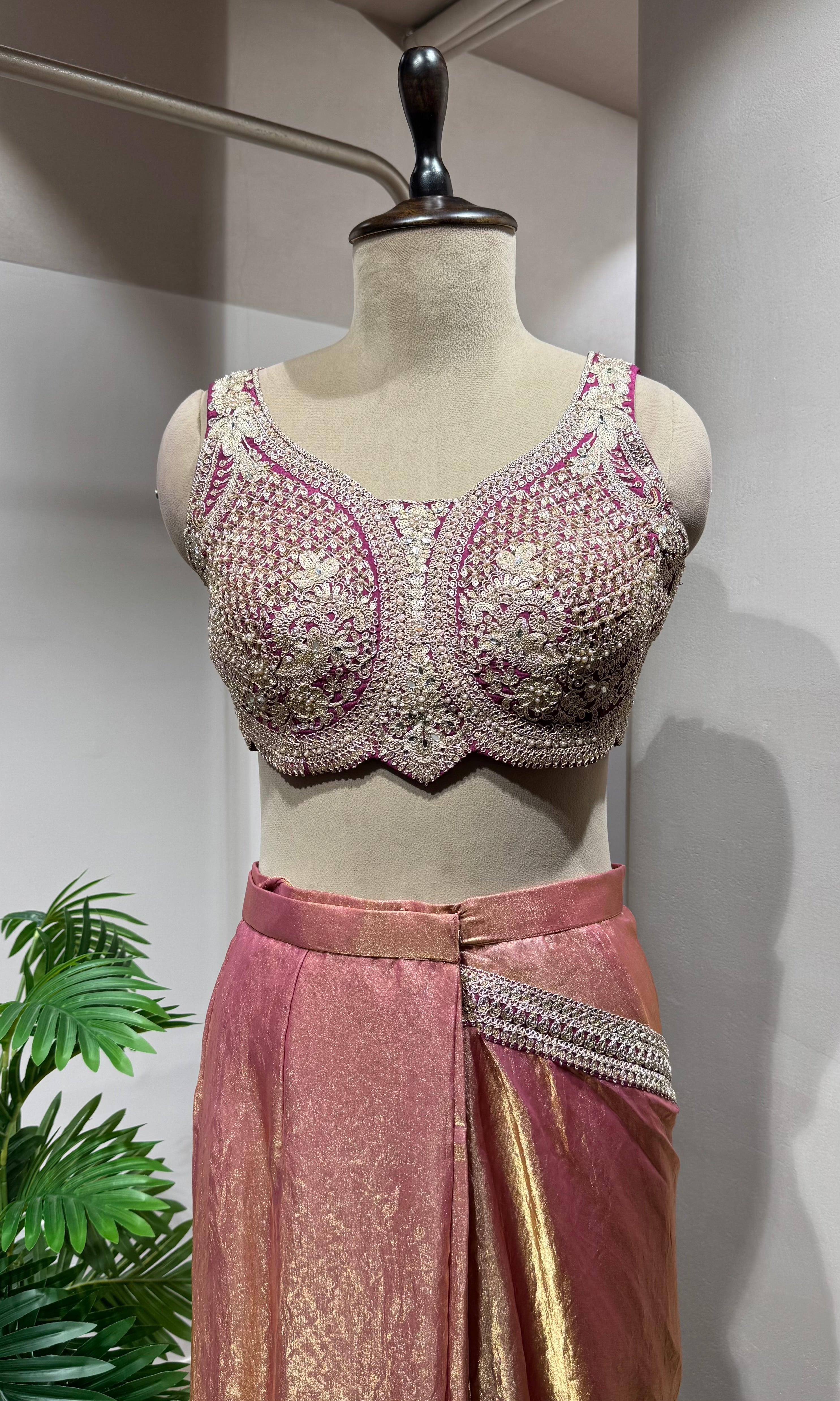 Wine drape saree with embellished blouse
