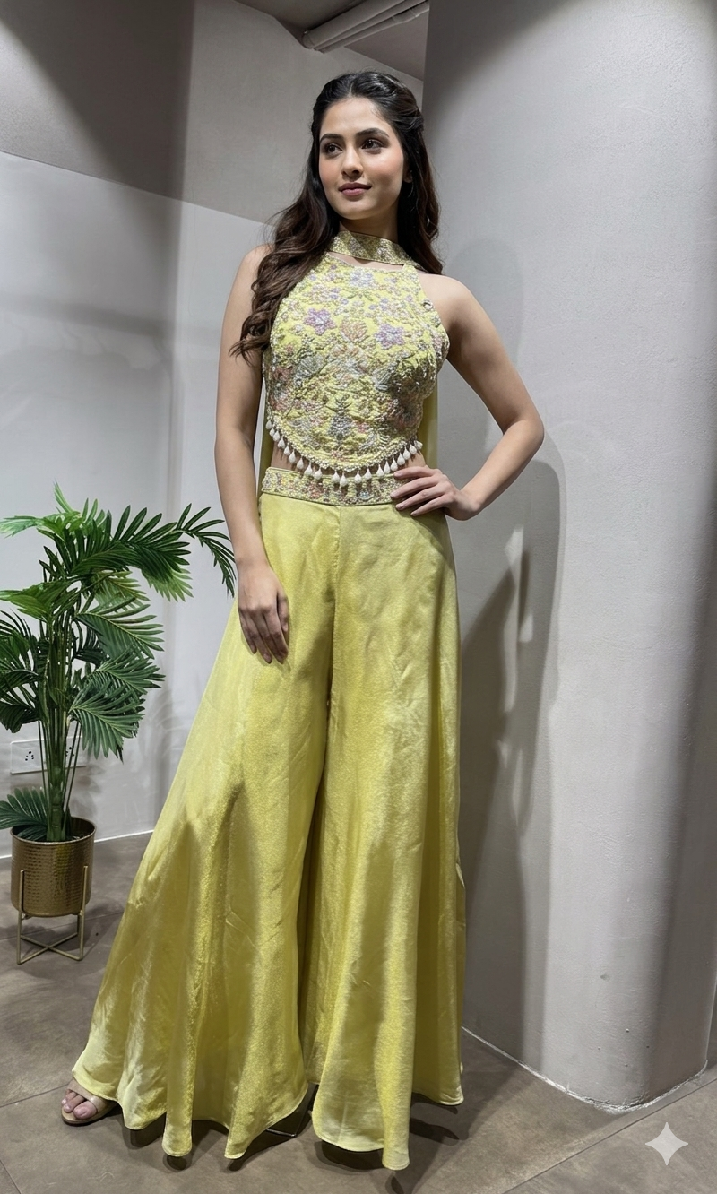 Lime YELLOW Silk Palazzo set with Scalloped Tassel
