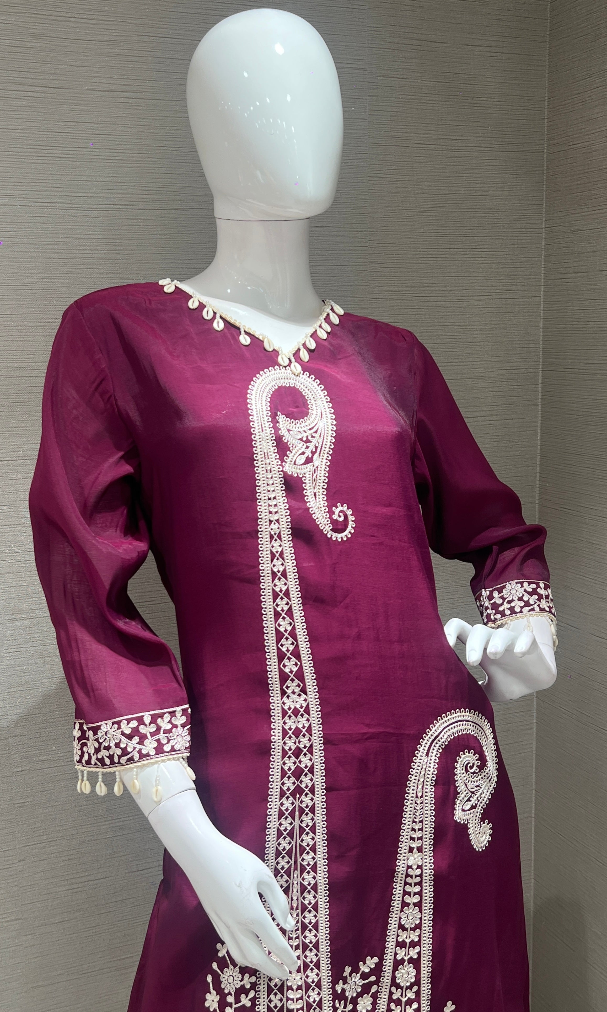 Wine Thread Embroidery Kurta Set