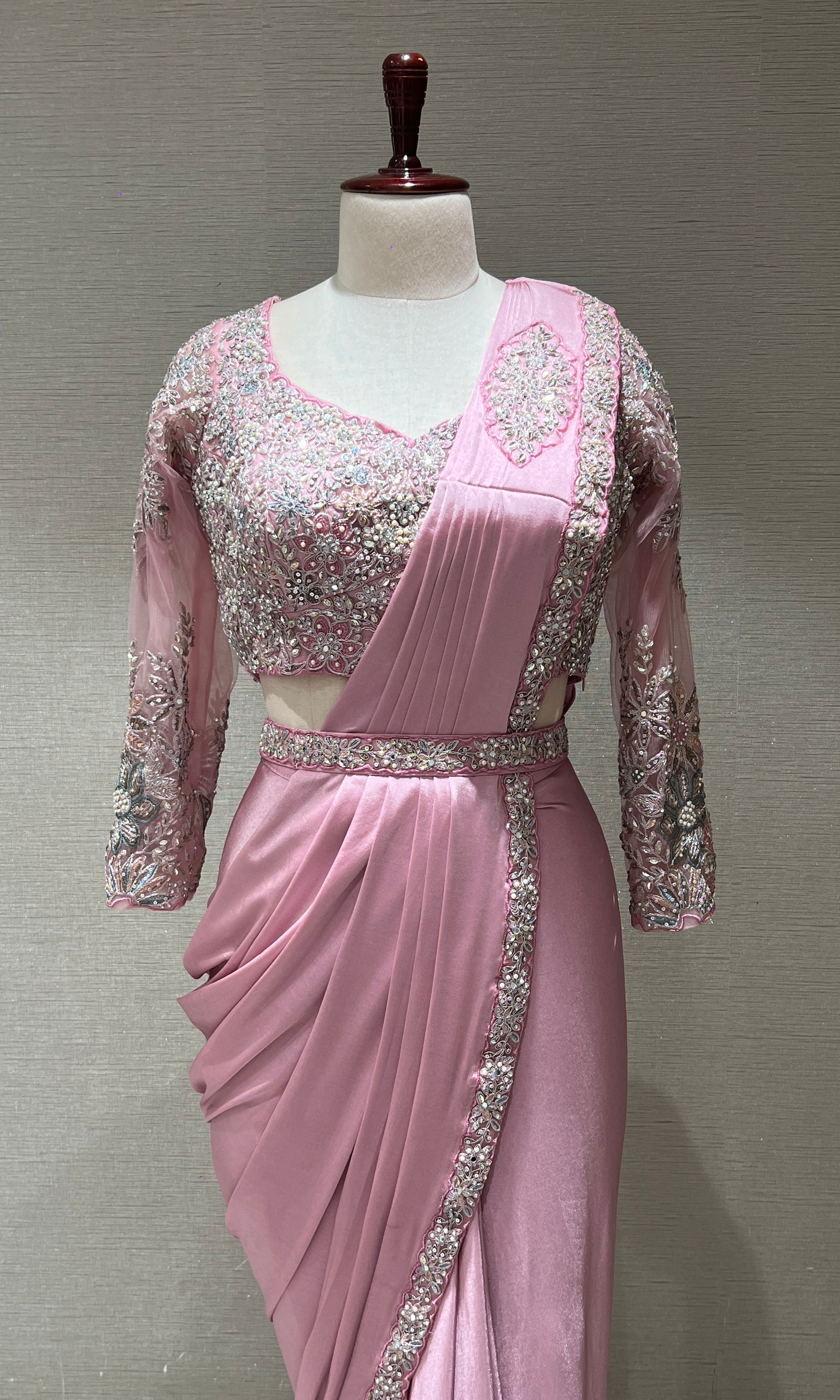 PINK DRAPE SAREE WITH FLORAL BLOUSE & BELT
