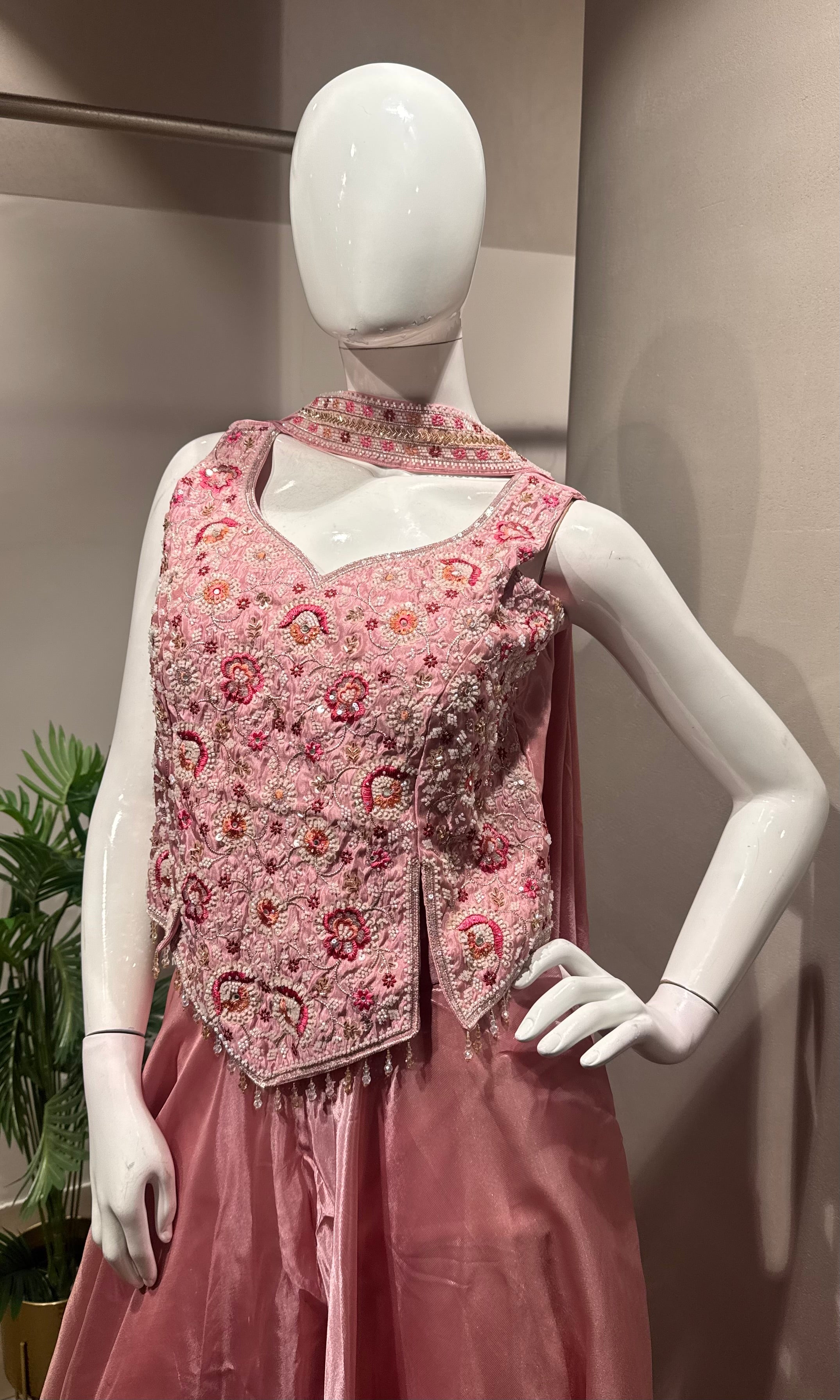Pink TISSUE Embroidered Peplum & Palazzo Set
