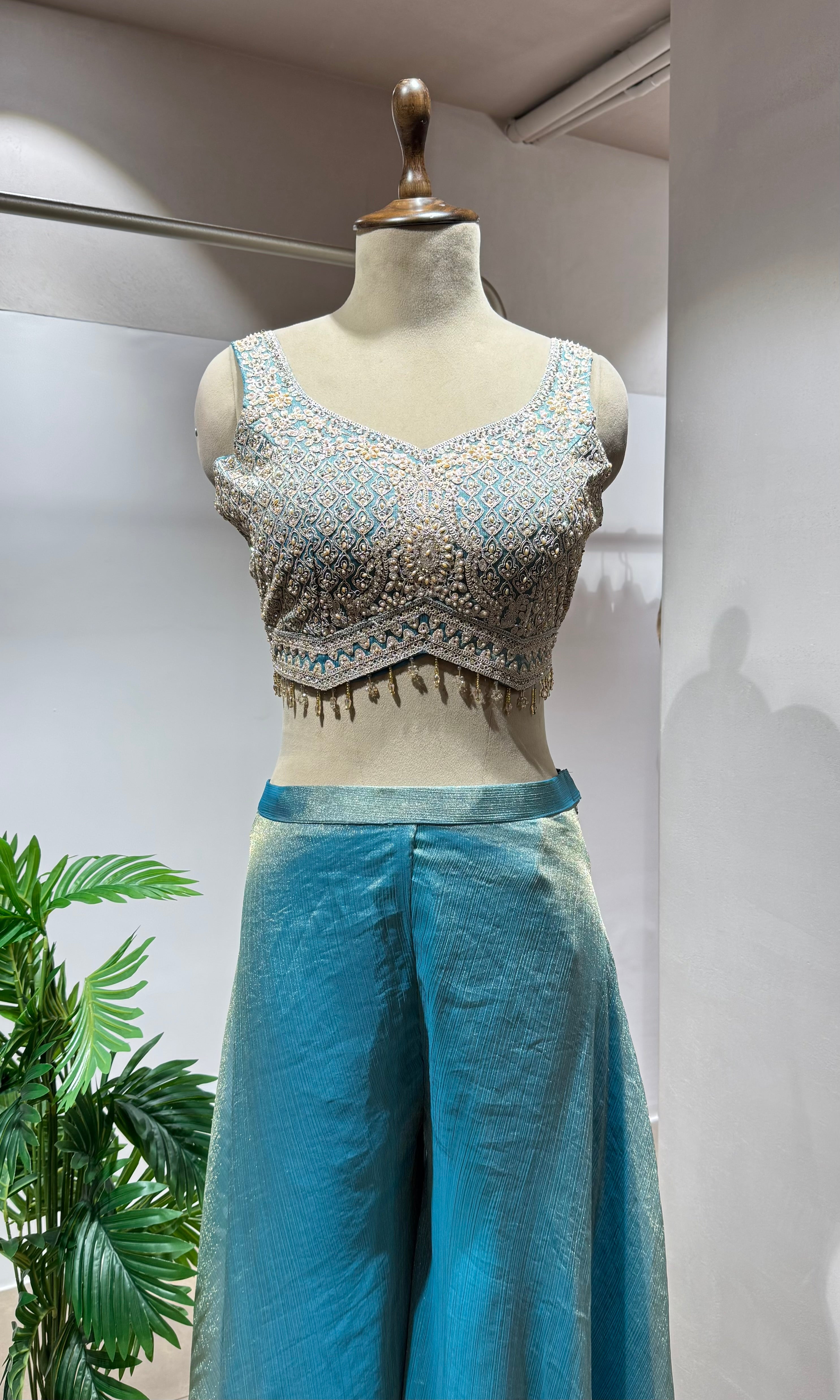 Sea green CROP TOP PALAZZO WITH CAPE