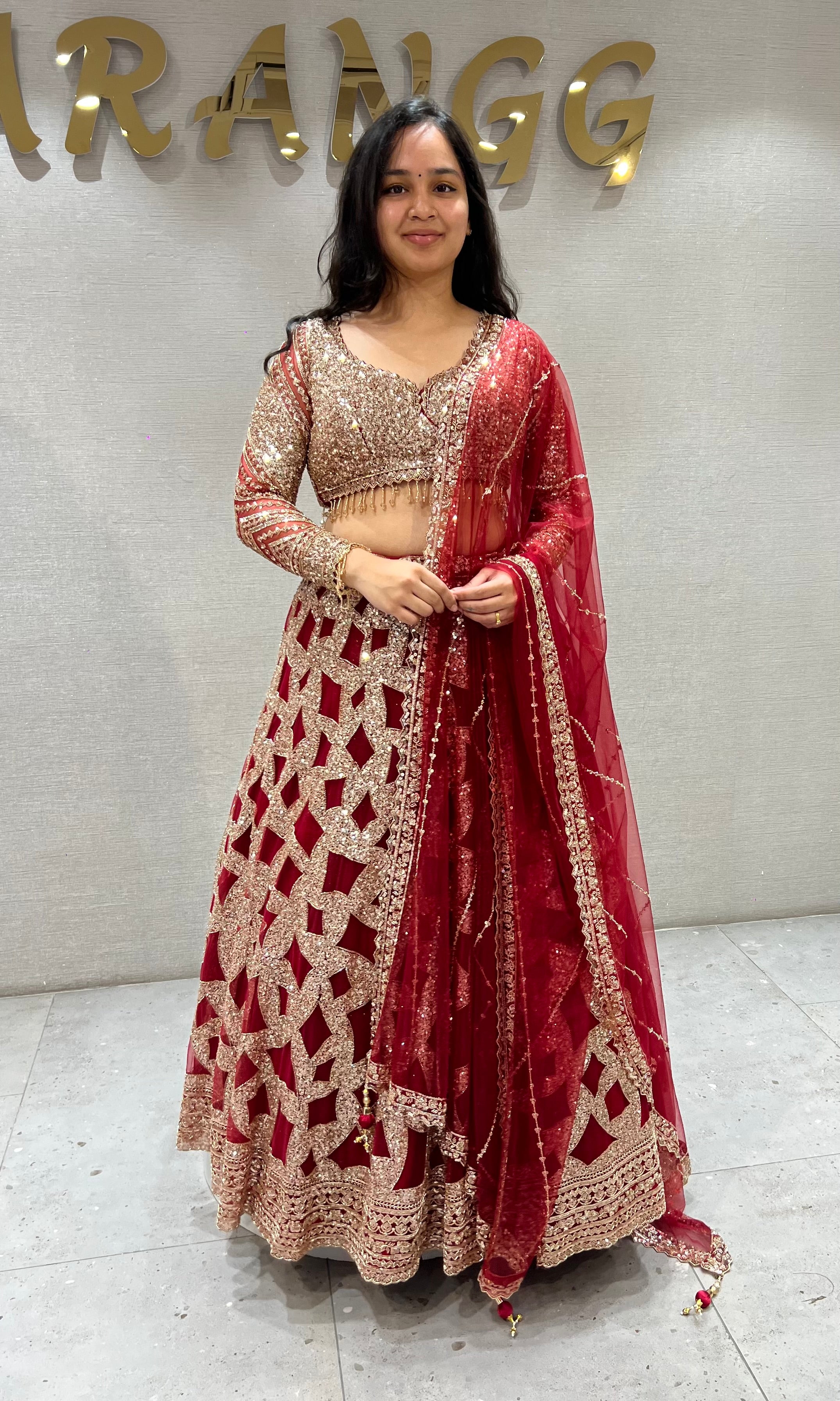 Maroon Geometric golden Bridal Lehenga