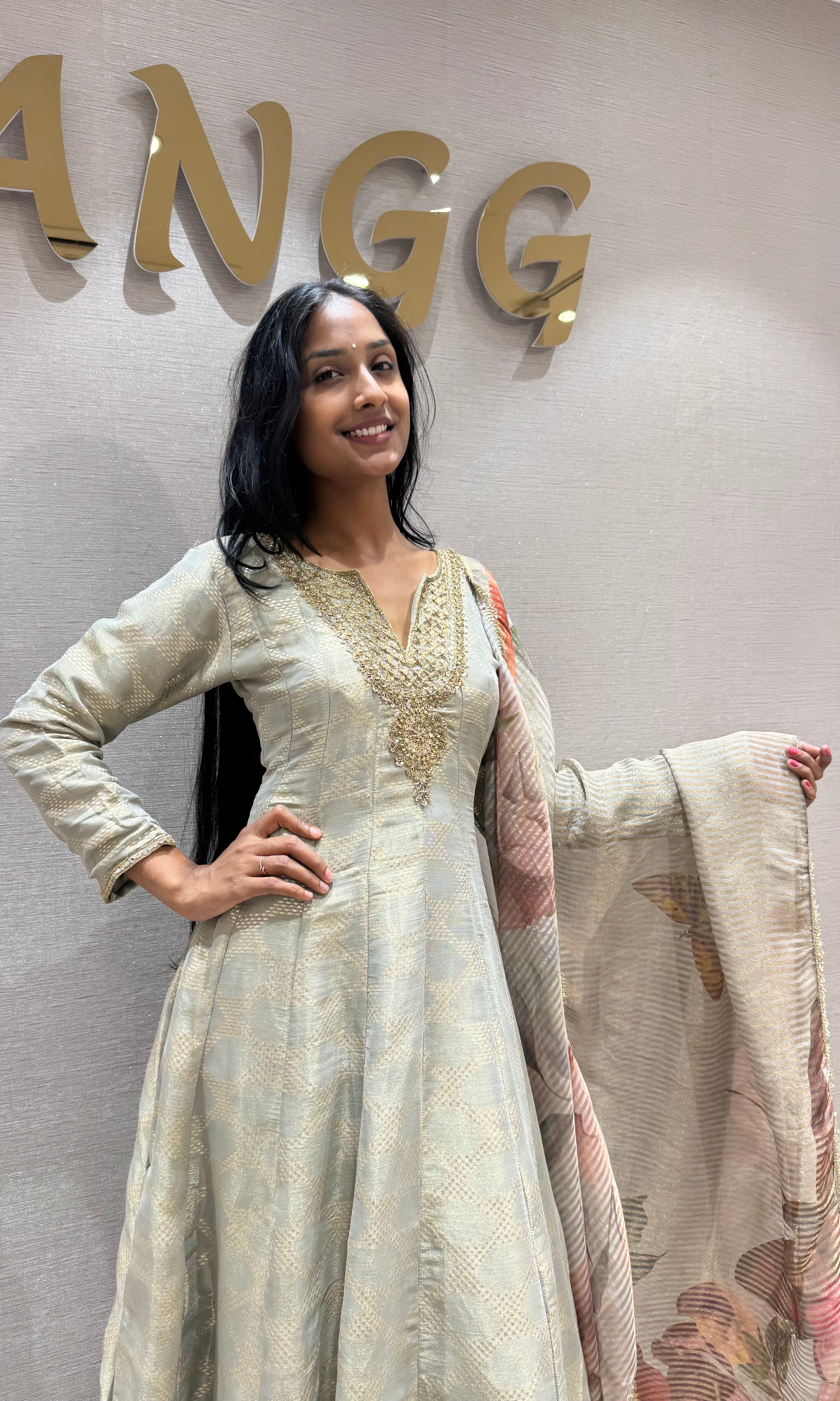 GREY Silk Anarkali Set with Floral Dupatta