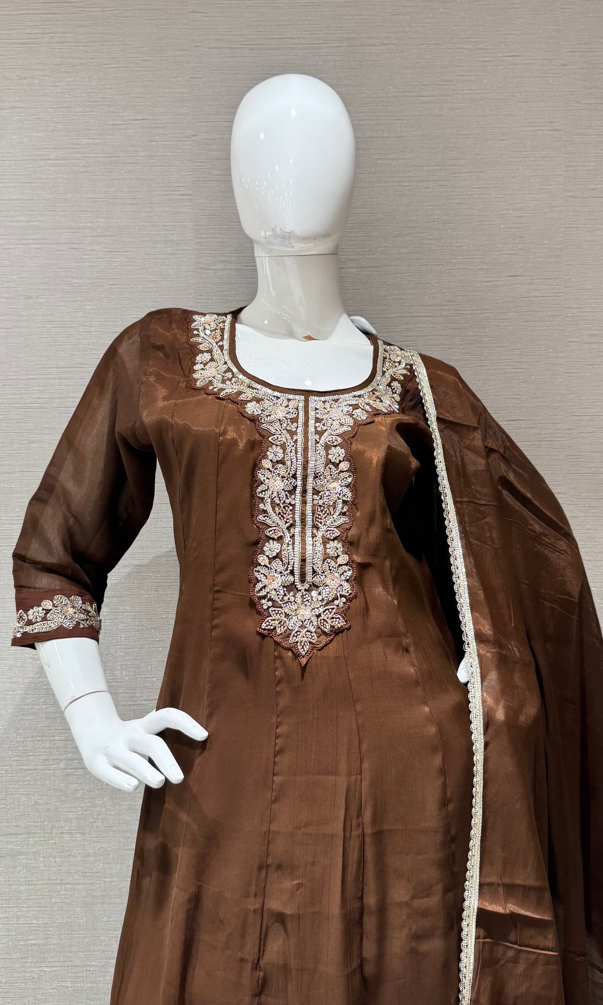 Brown Kurta set with Matching Sheer Dupatta