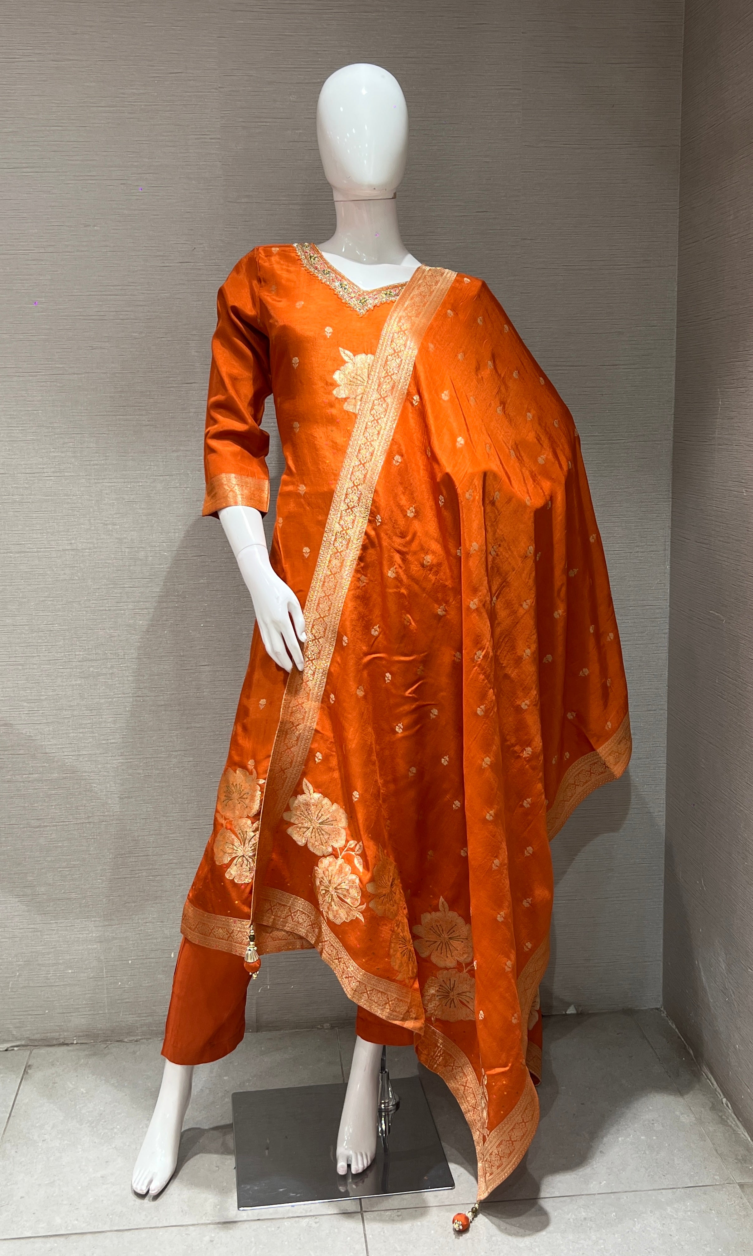 Orange golden floral Kurta Set