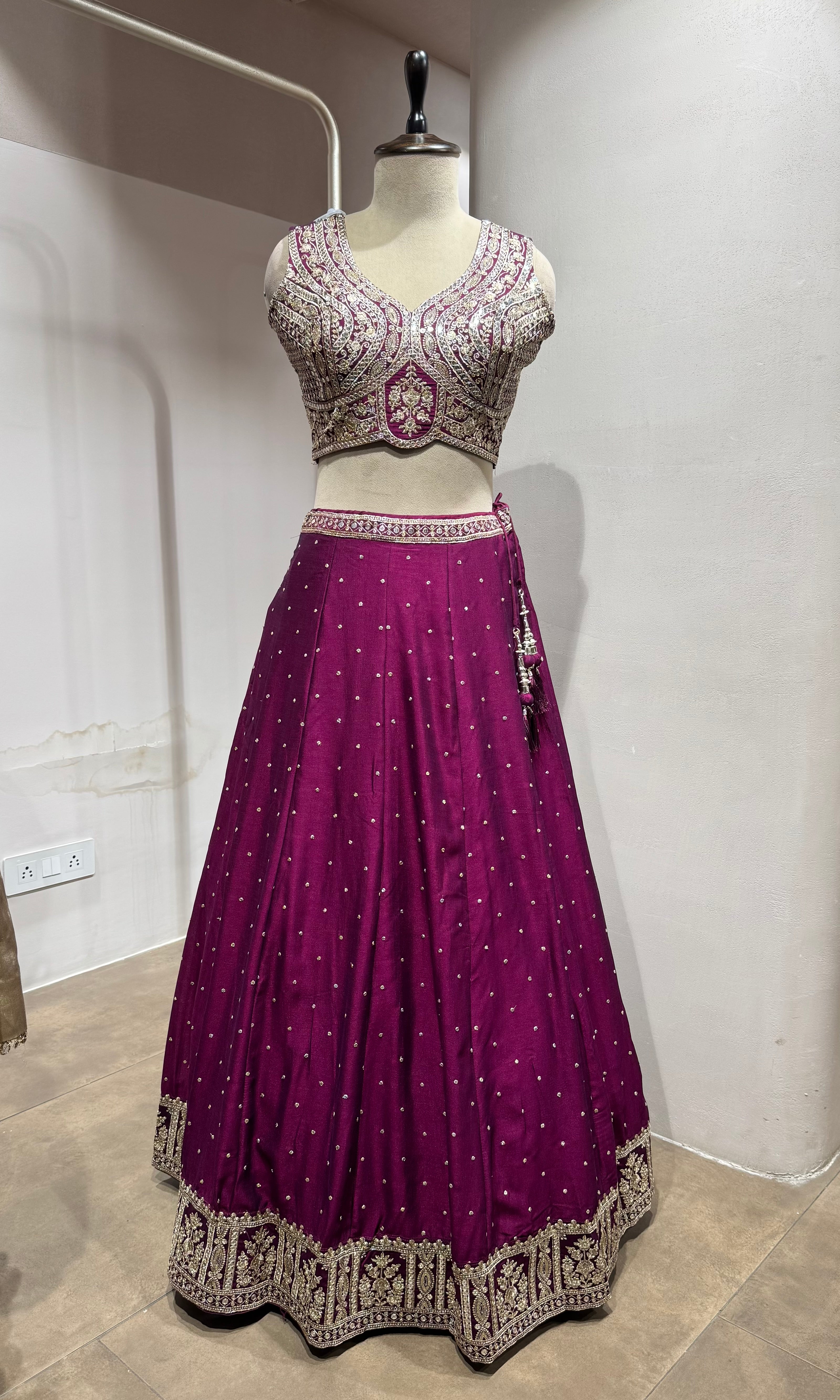 Wine Floral Intricate Embroidery Lehenga