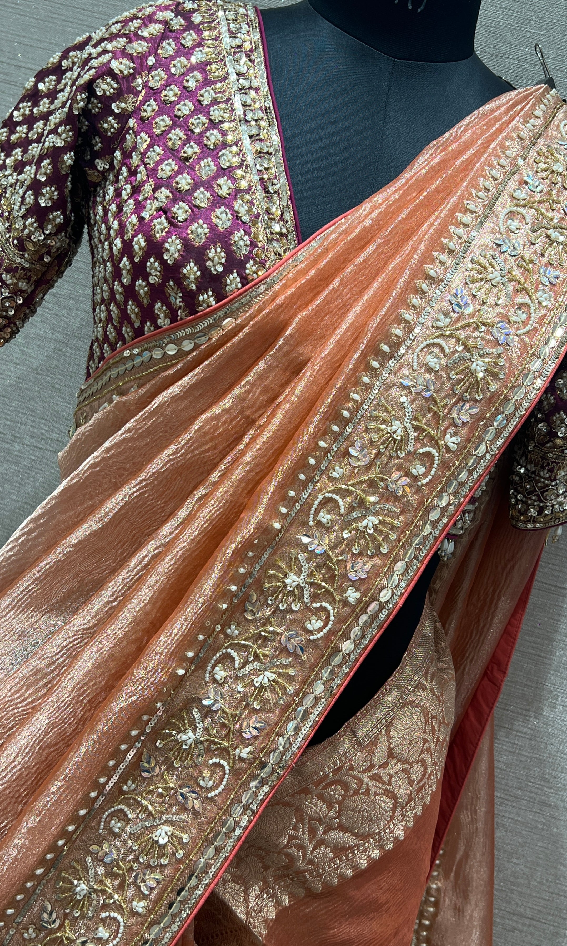 Wine and rust orange saree with ready blouse 1888