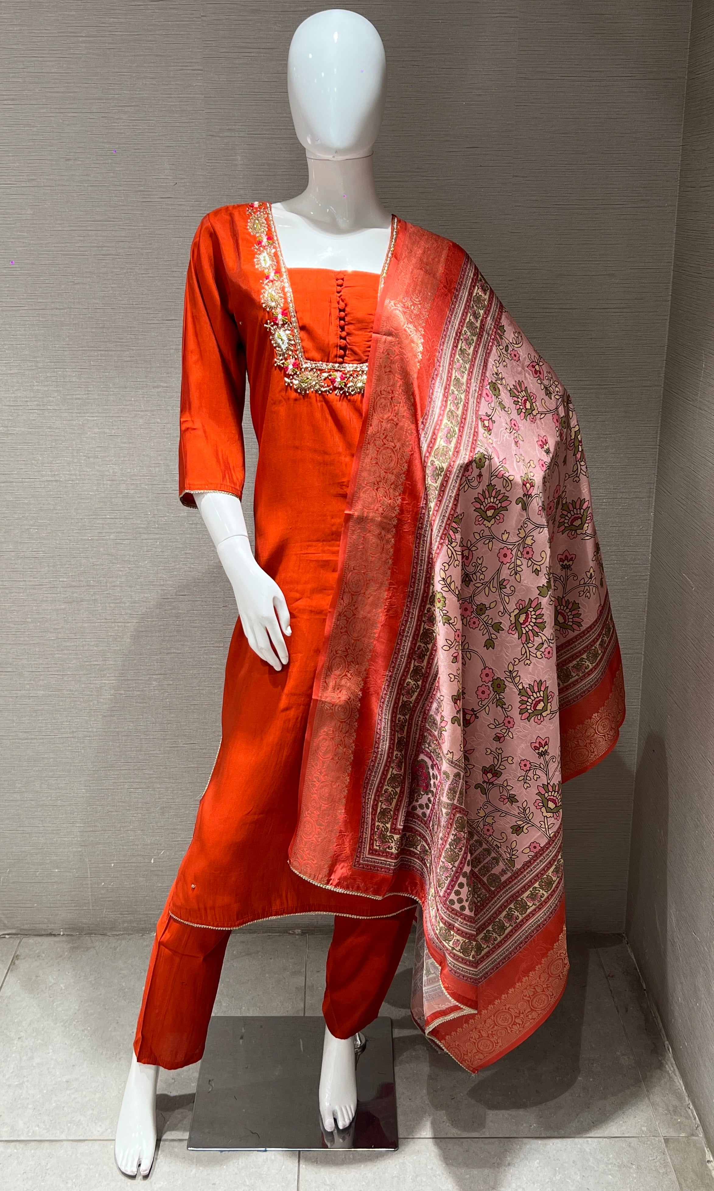 Rust orange embroidered kurti with printed dupatta
