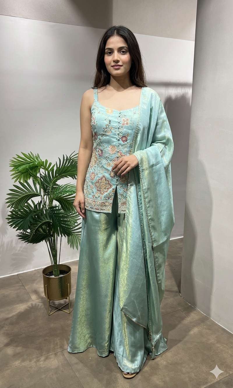 PISTA Green Shimmer Tissue Peplum Suit