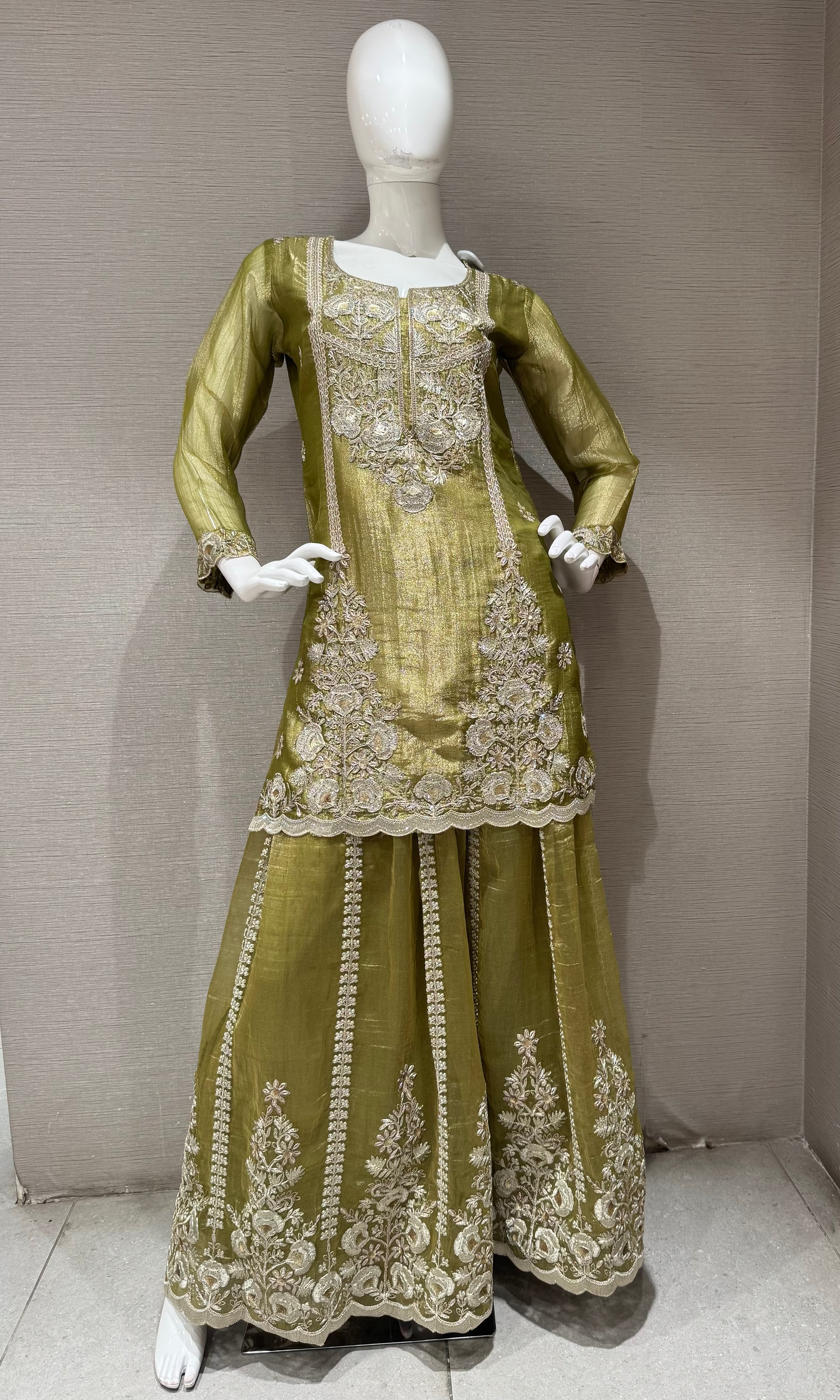 Olive Green Embroidered Sharara Set with Sheer Dupatta