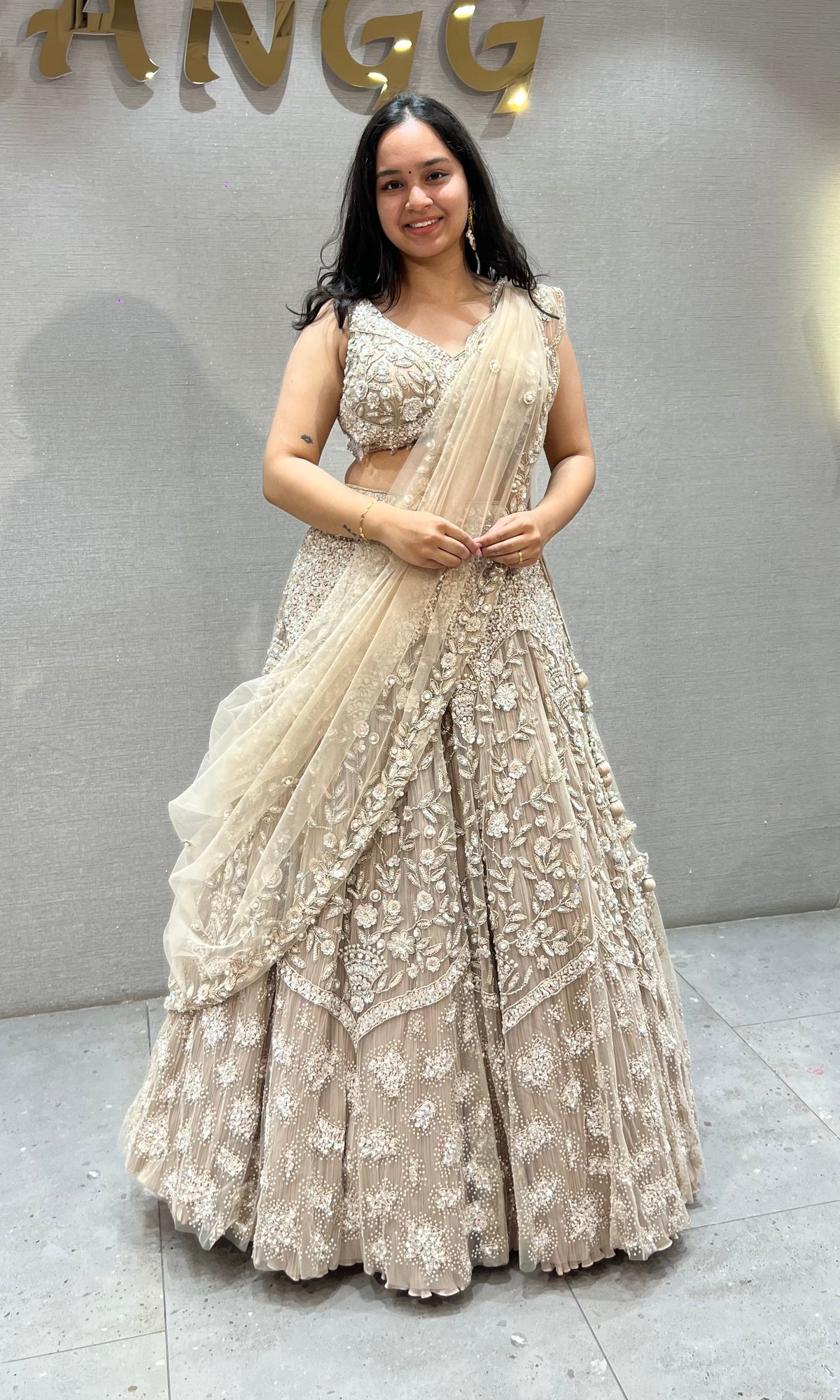 Champagne Soft Net Intricate Zari Sequin Embroidery Bridal lehenga