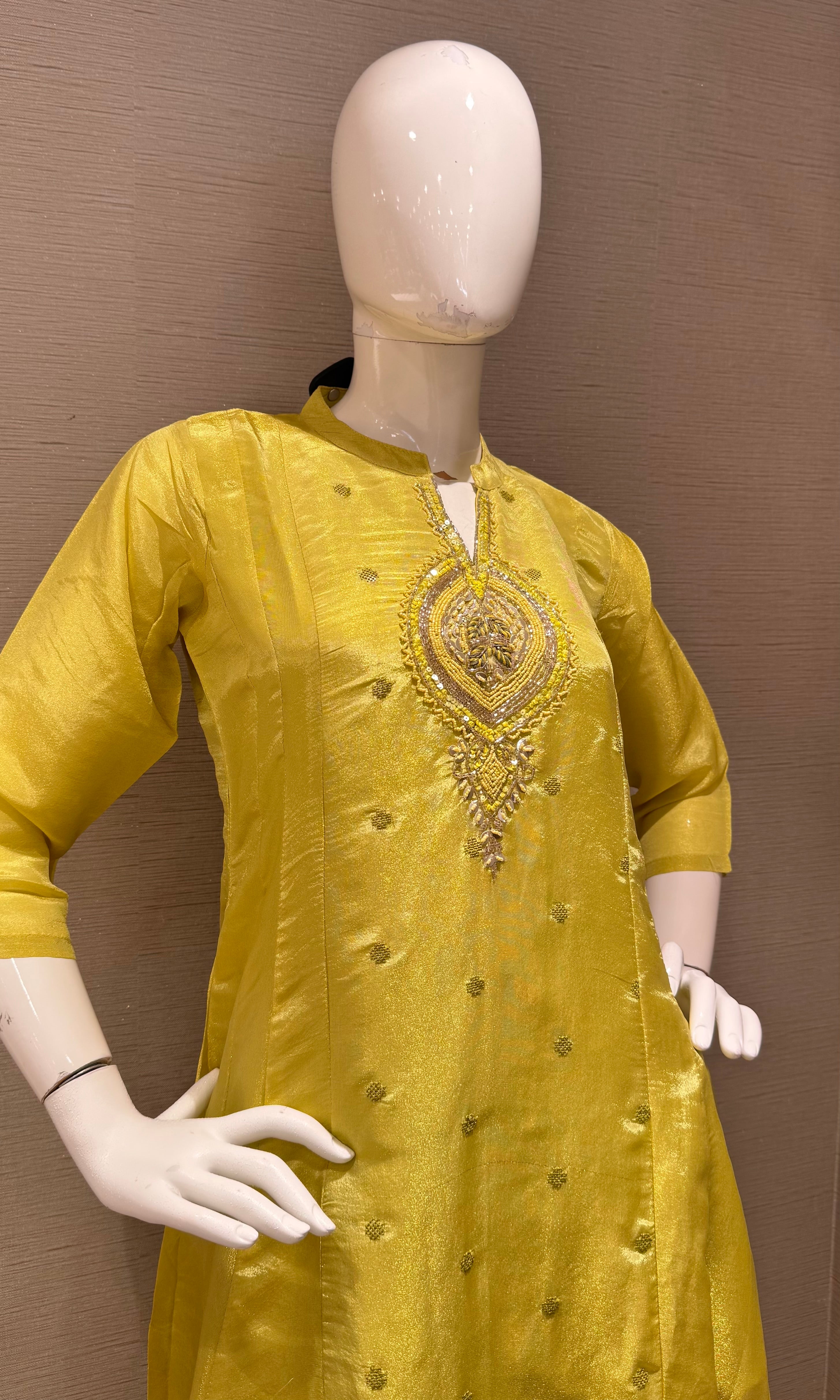 Yellow Silk Blend Ethnic a line Kurta set