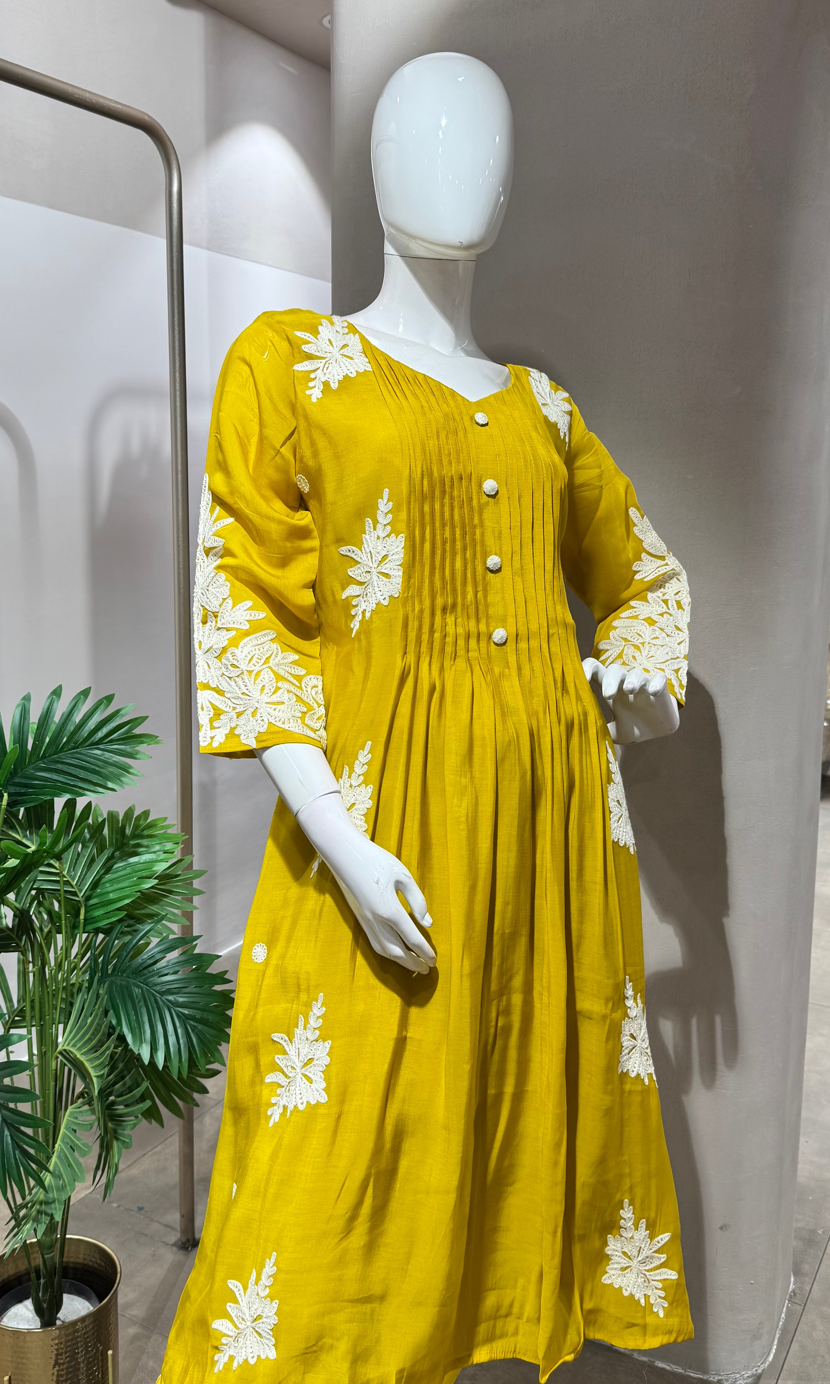 MUSTARD FLORAL MUL CHANDERI KURTA SET
