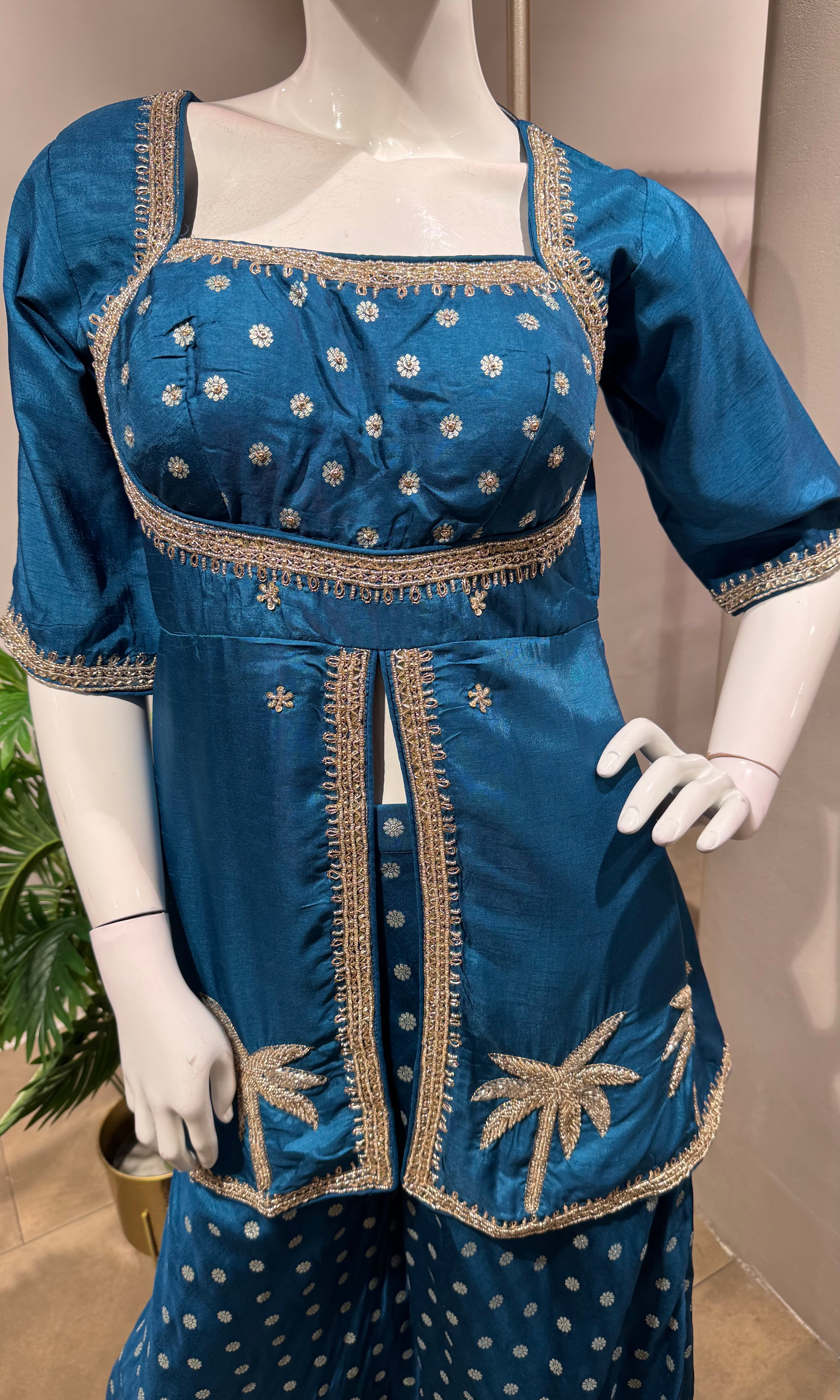 BLUE PEPLUM FRONT SLIT PALAZZO SET