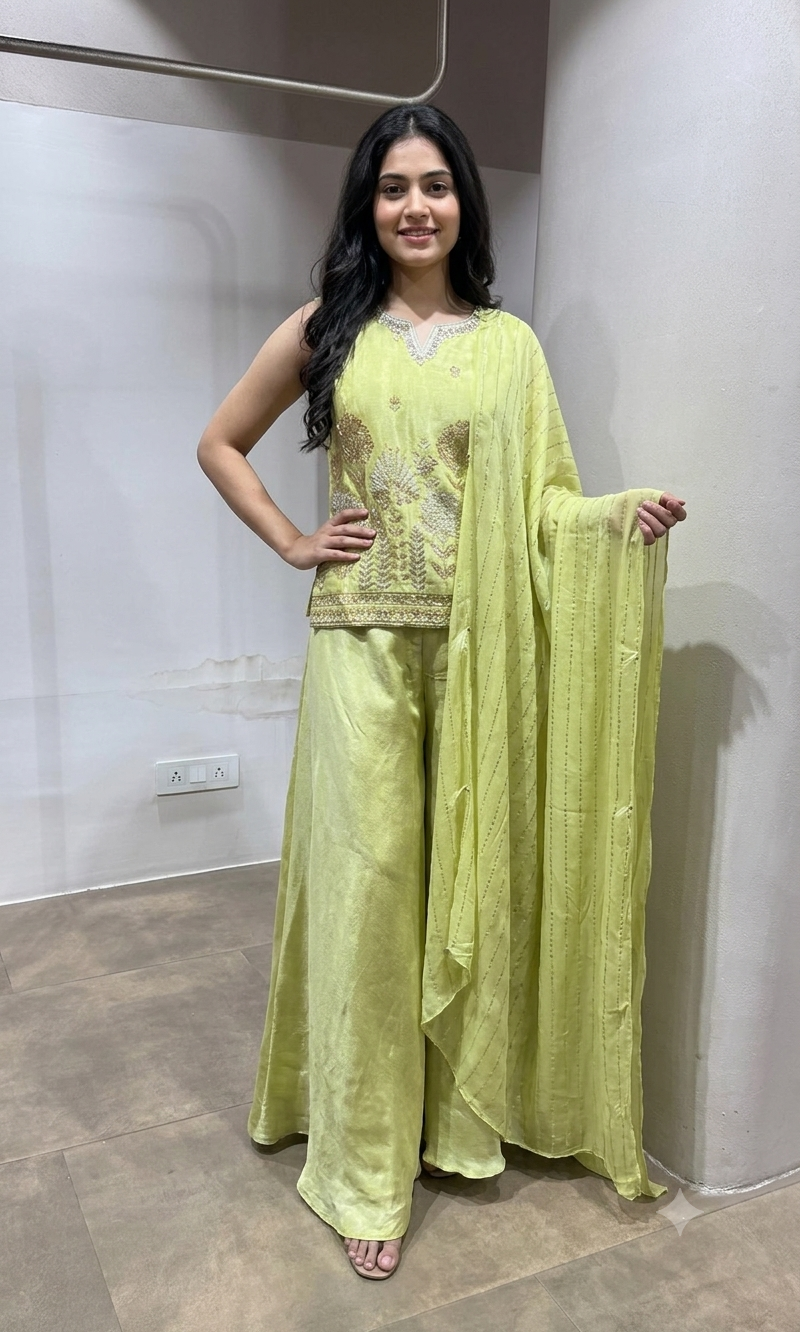Pista green embroidered peplum palazzo set