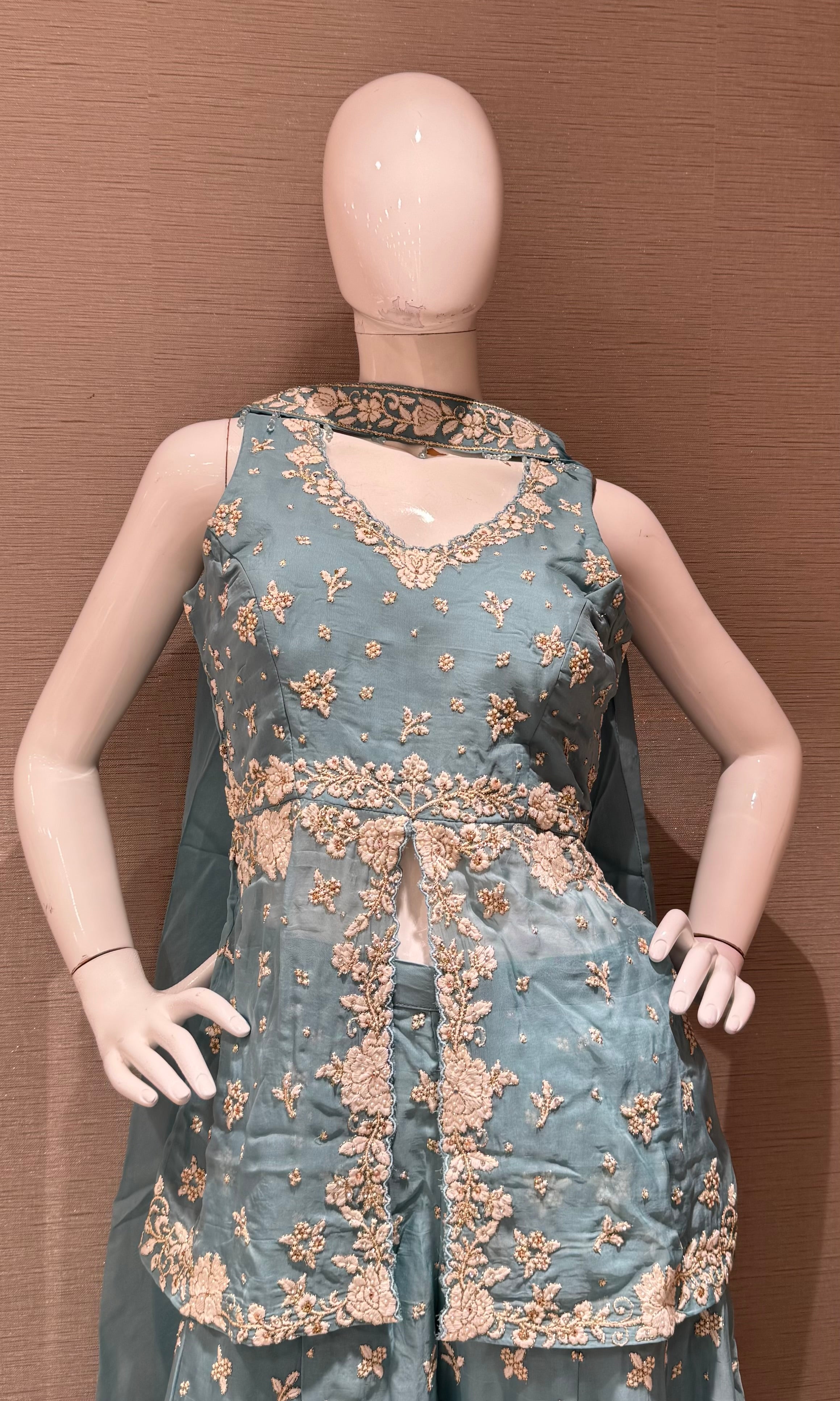 Blue Embellished Palazzo Set with Draped Dupatta