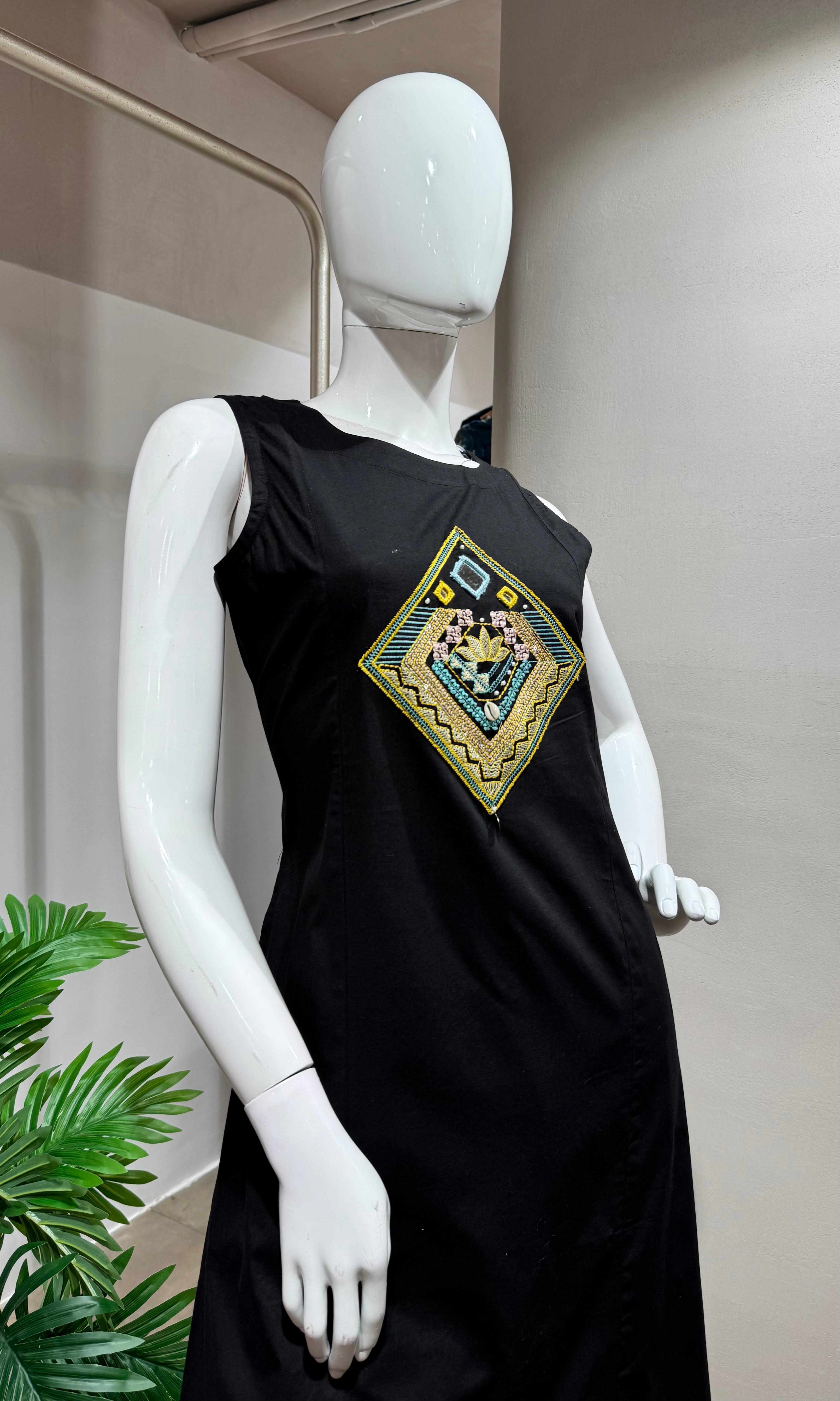 Black Sleeveless Kurta with Embroidered Yoke