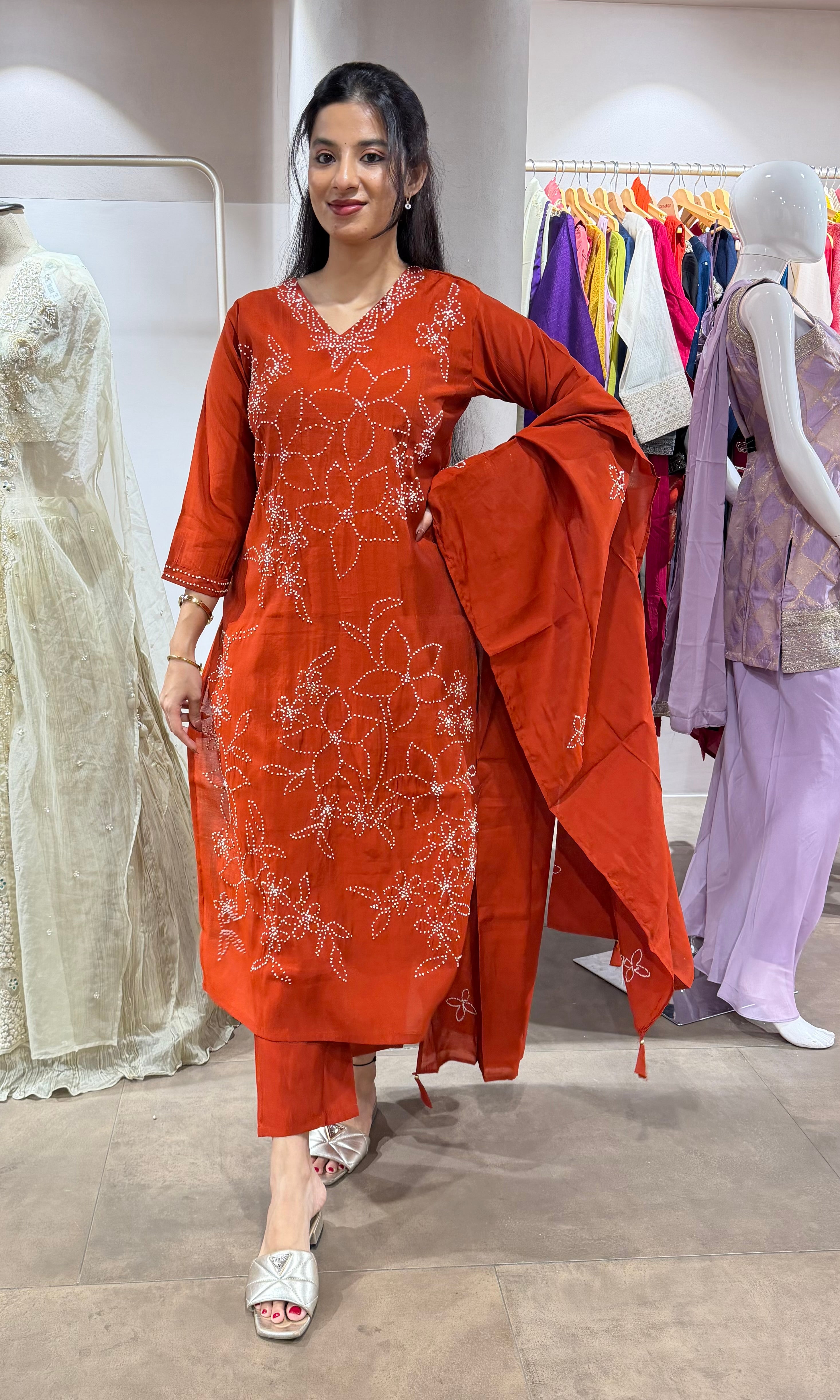 RUST FLORAL MUL CHANDERI KURTA SET