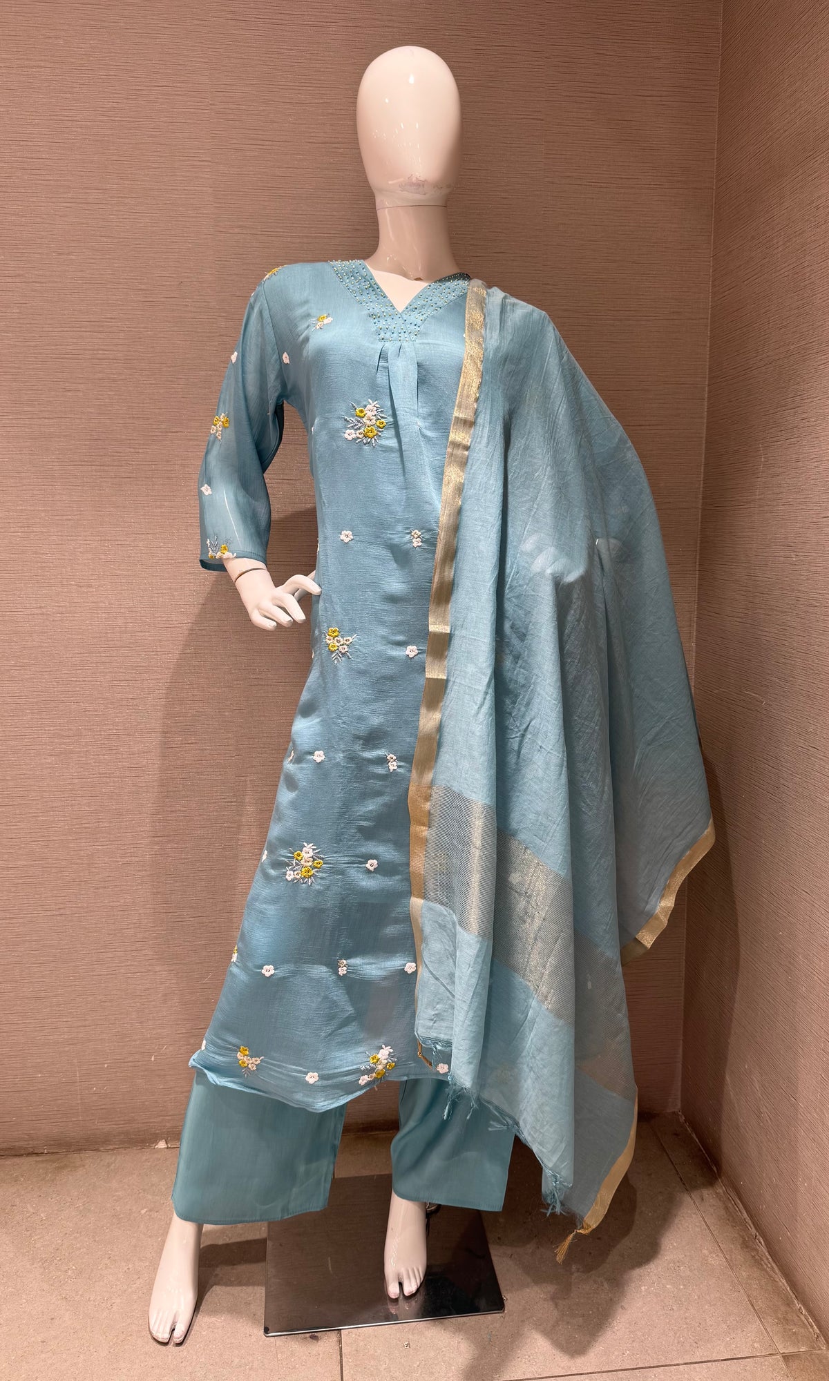Light Blue Chanderi Kurta Set with Gold Zari Border Dupatta