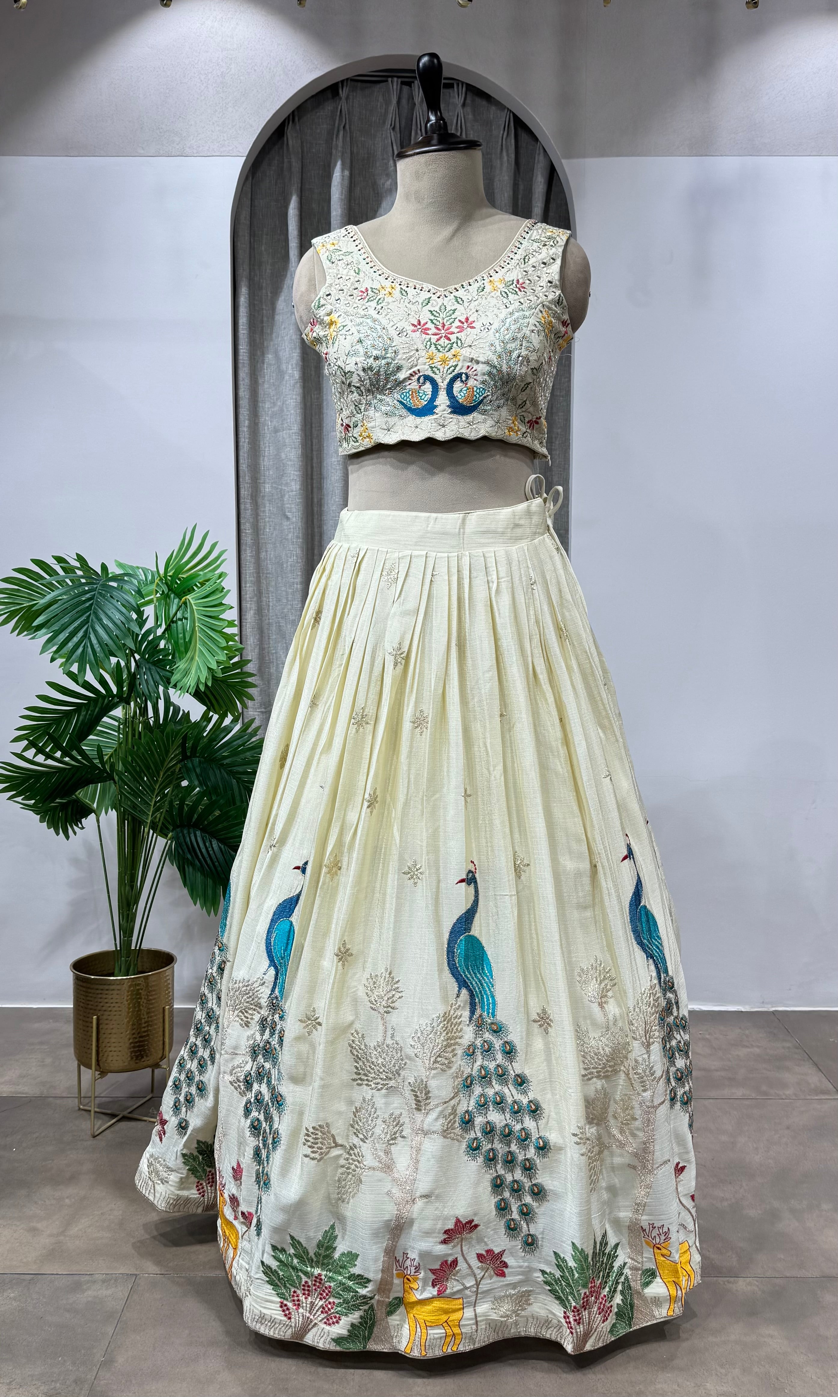 Cream Lehenga with Peacock Embroidery
