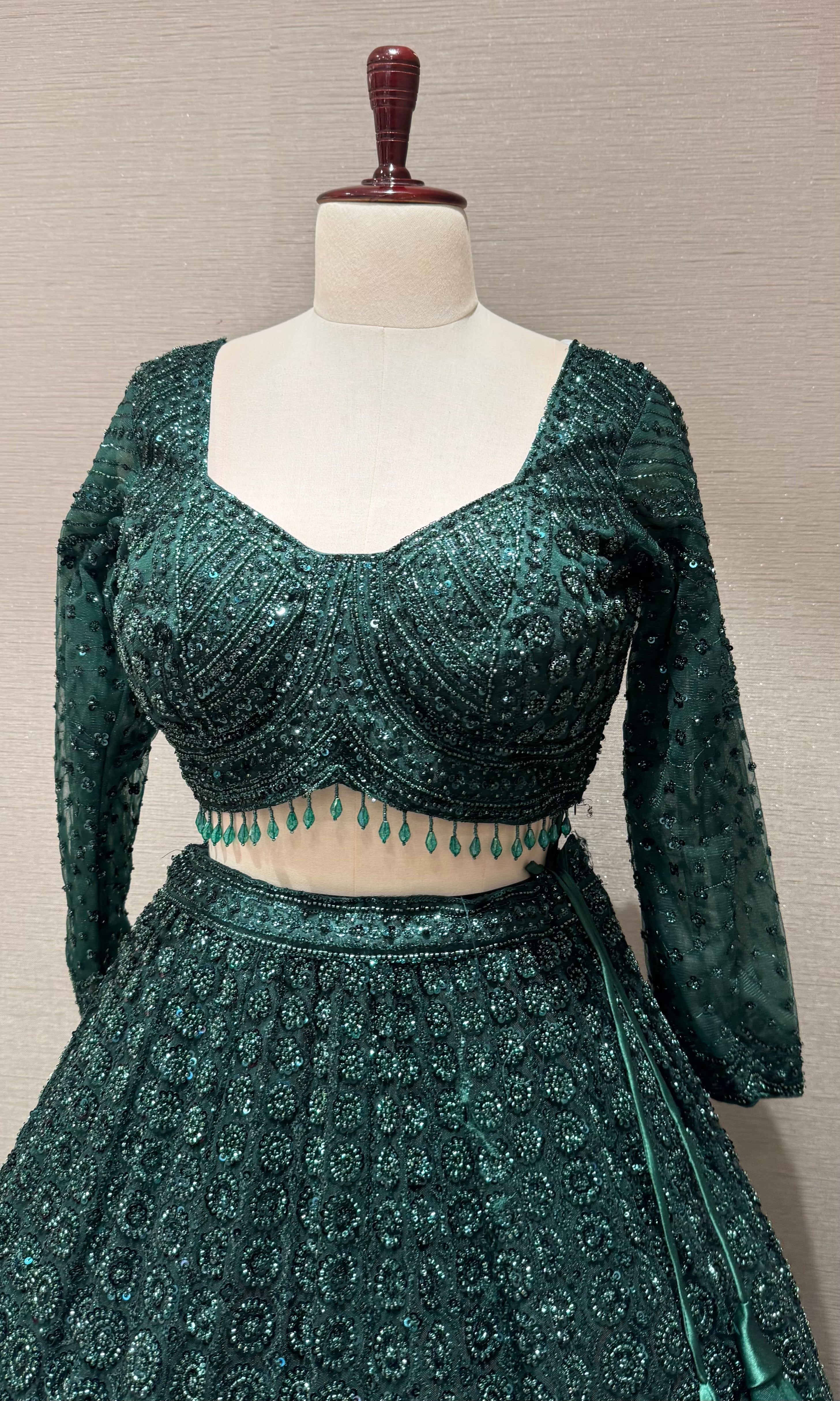 Green Sequins and Beads Heavy Embroidered Lehenga