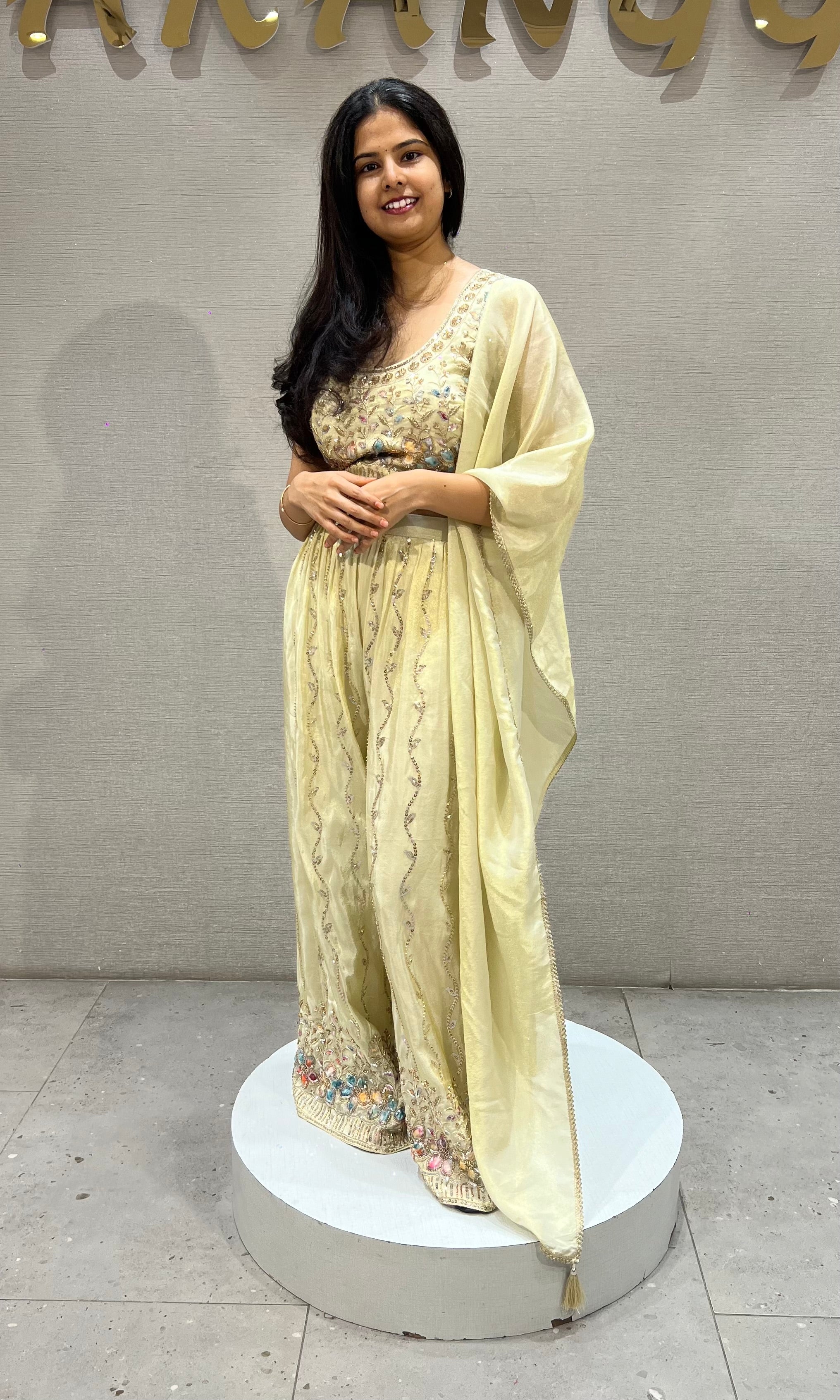 Half white Embroidered Tissue silk Crop Top Palazzo Set with Dupatta