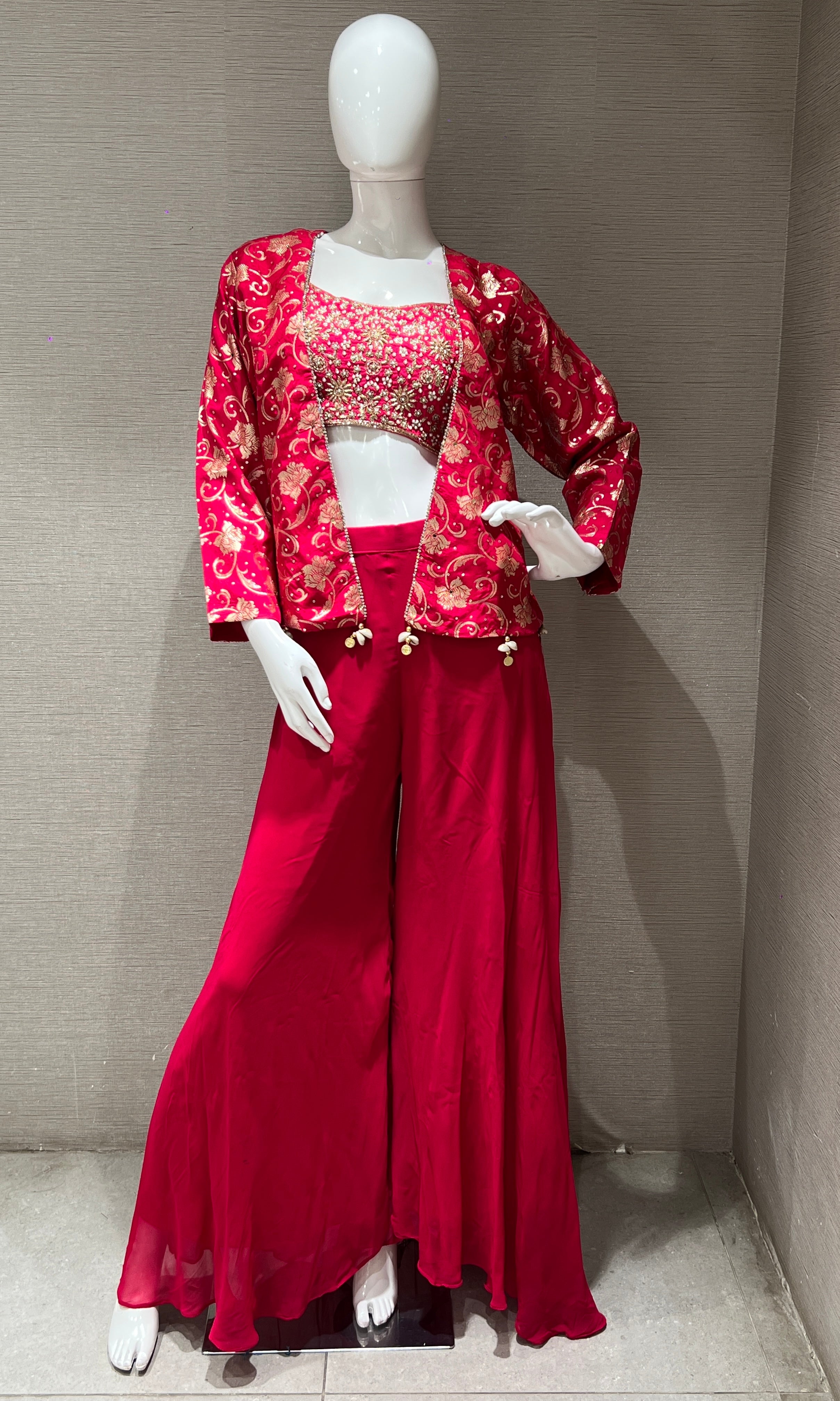 Pink Embroidered Top With Jacket Palazzo