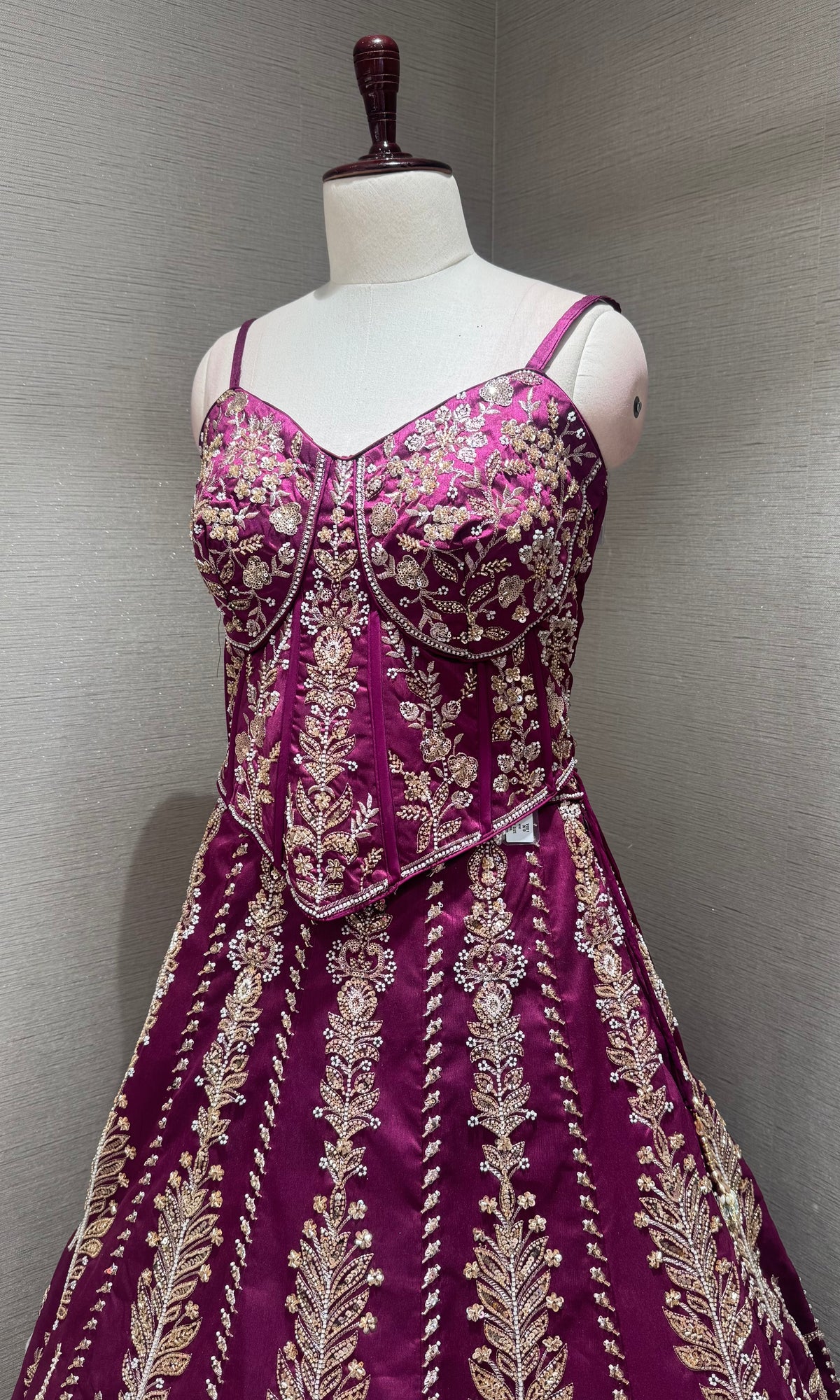 Wine silk embroidered corset blouse lehenga