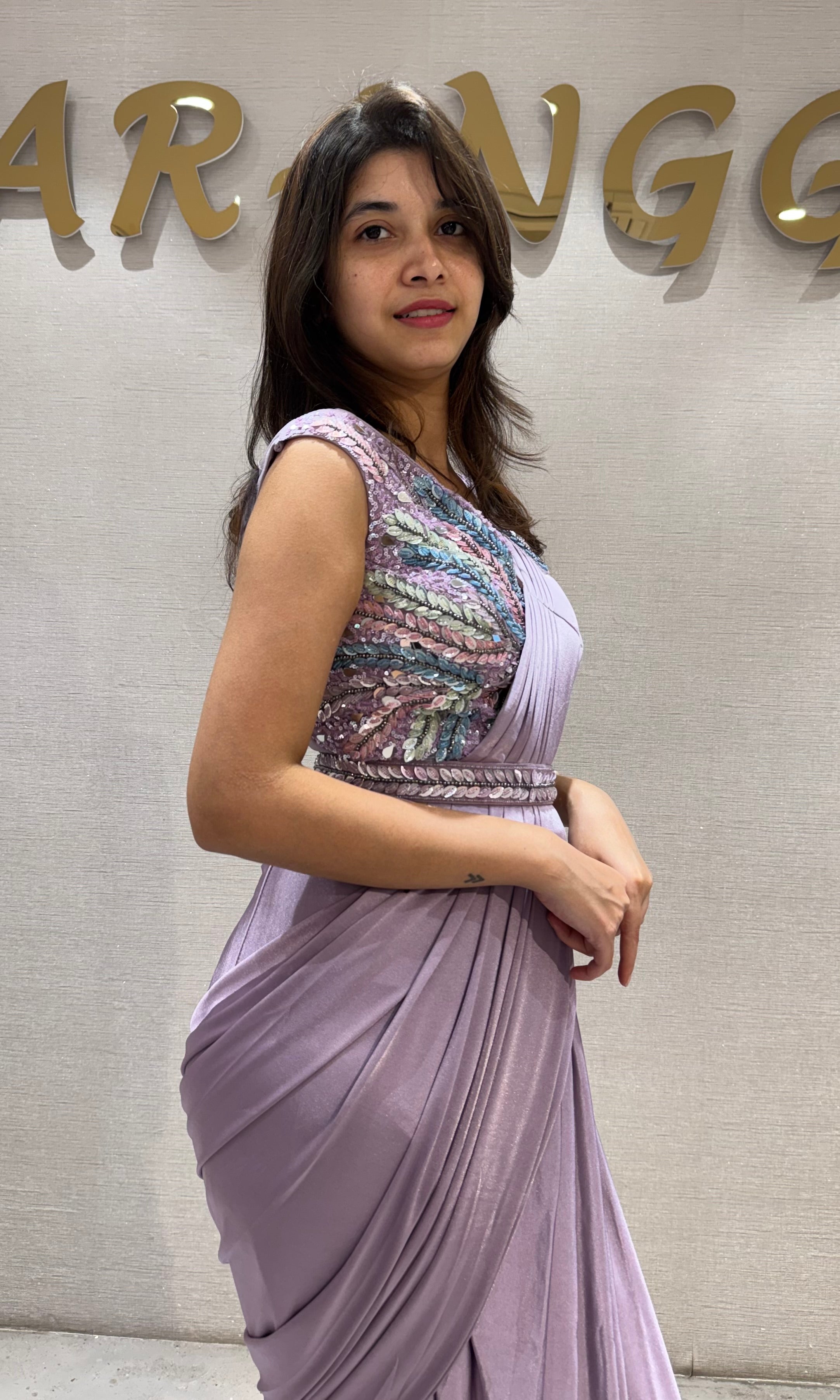 Lavender Draped Saree with Embroidery Blouse