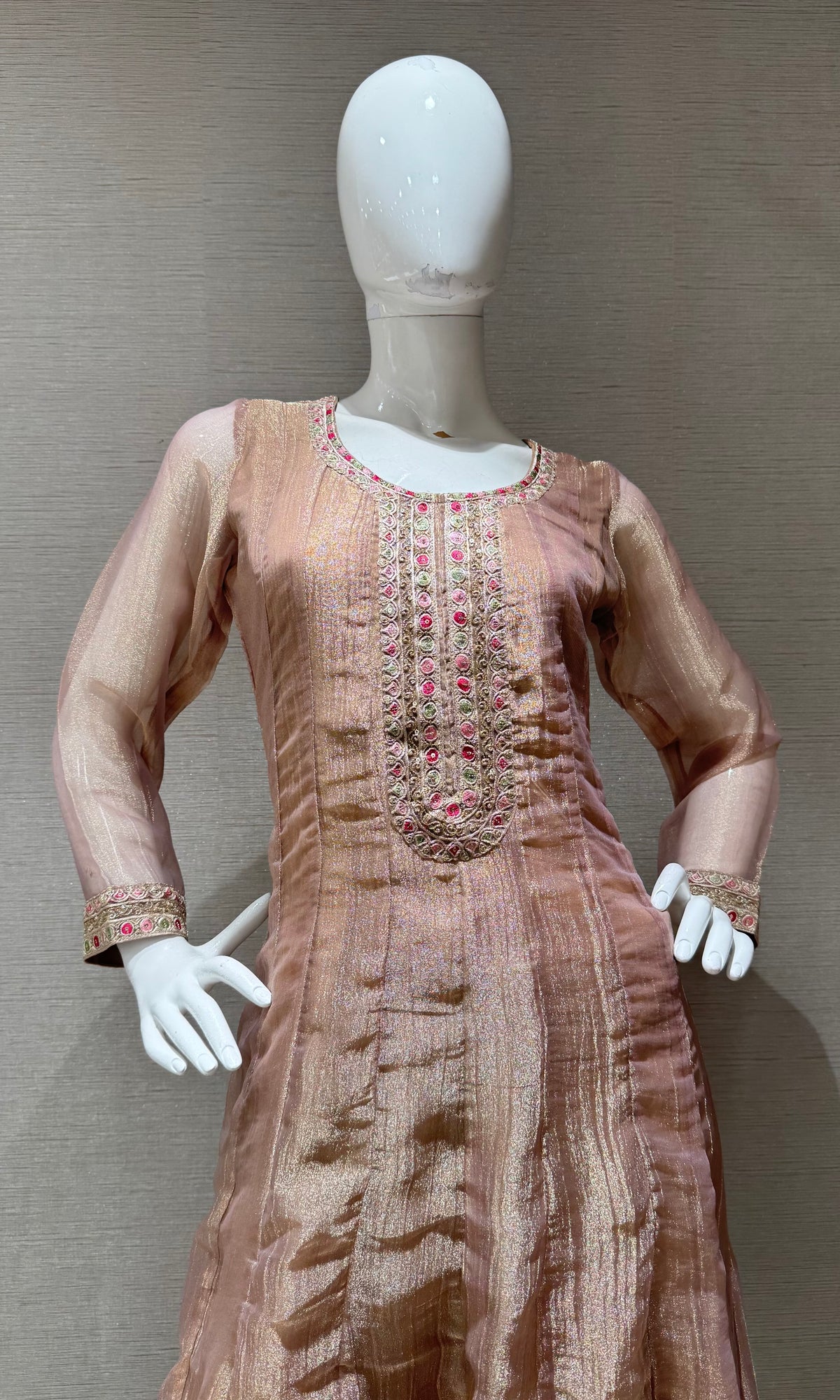 PEACH EMBROIDERED TISSUE ANARKALI SET WITH FLORAL DUPATTA