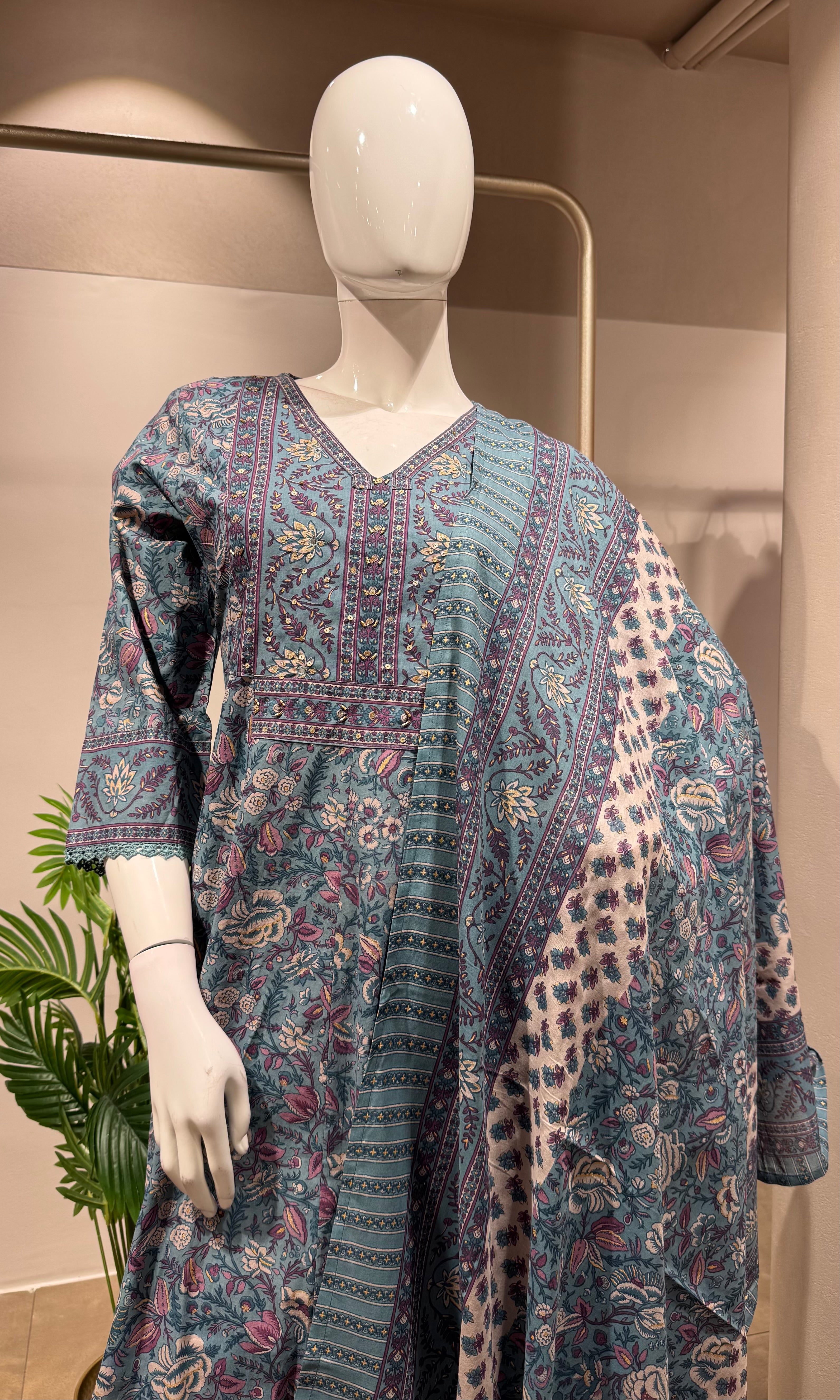 Blue Printed Pure Cotton Anarkali Kurta Set