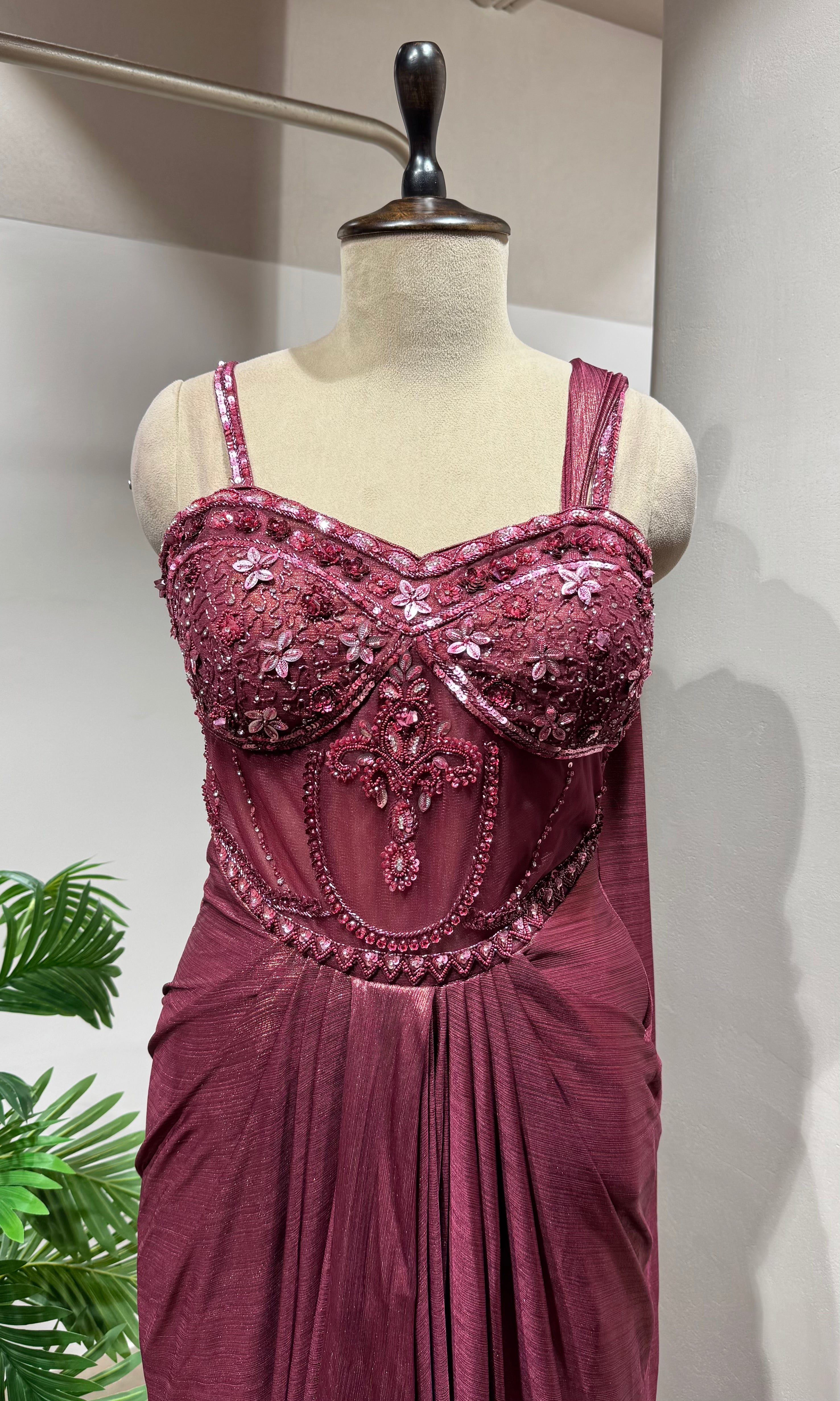 Maroon Draped Saree Embellished Gown