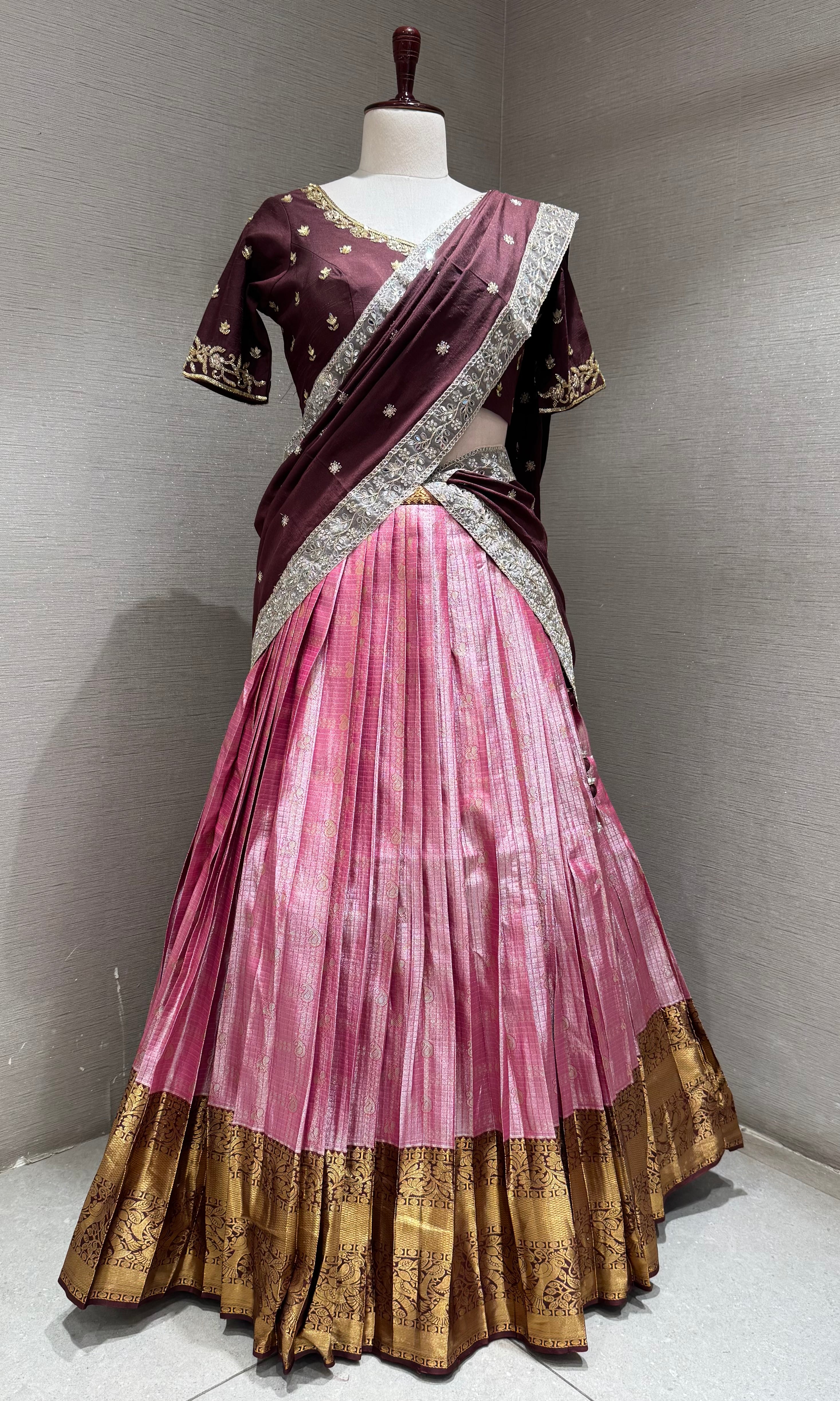 Brown And pink banarasi pattu lehenga with embroidered blouse