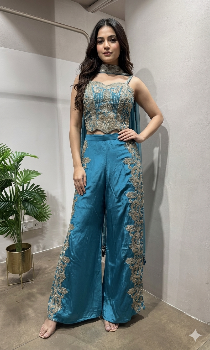 Rama blue Embroidered Indo-Western Set