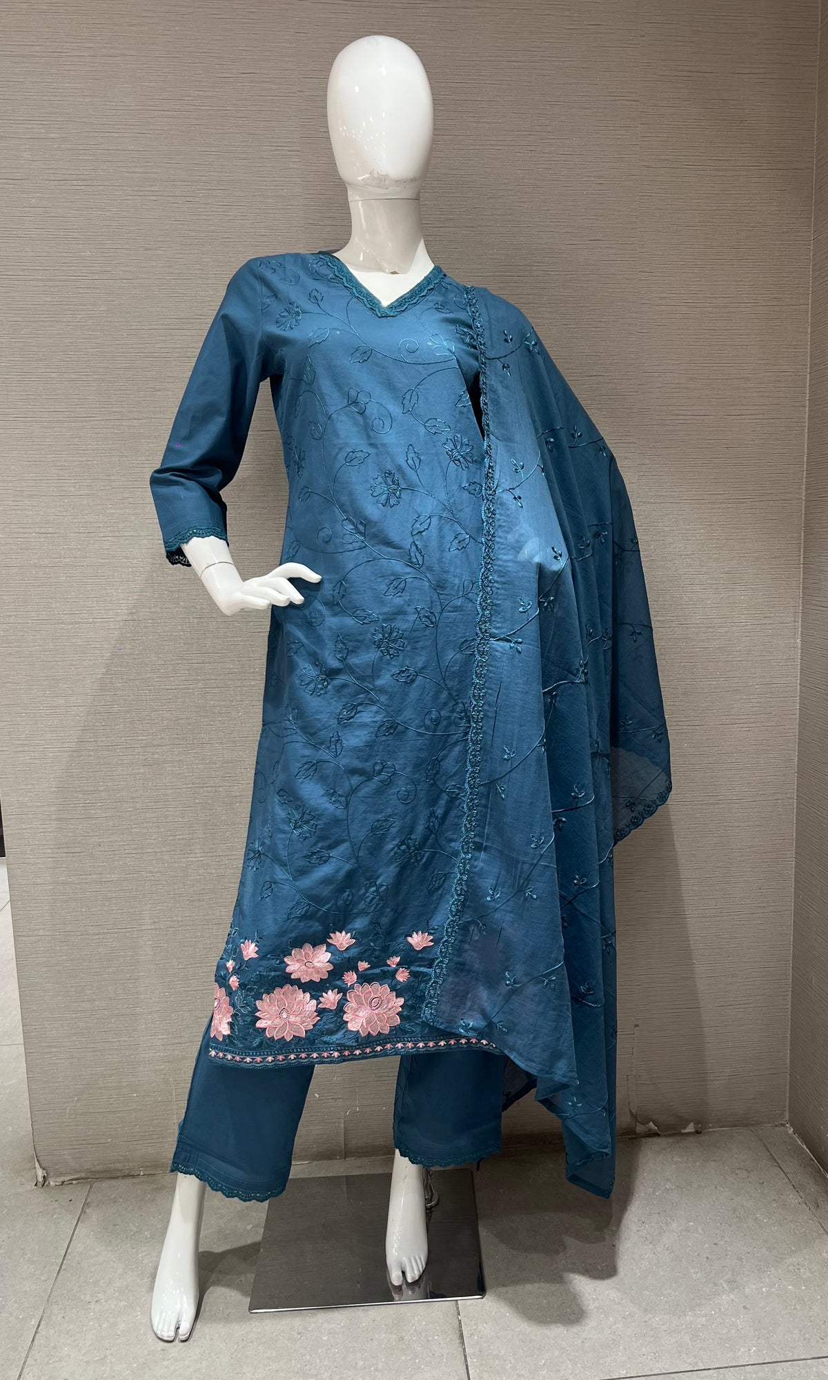 Blue Cotton Kurta Set with Pink Floral Embroidery