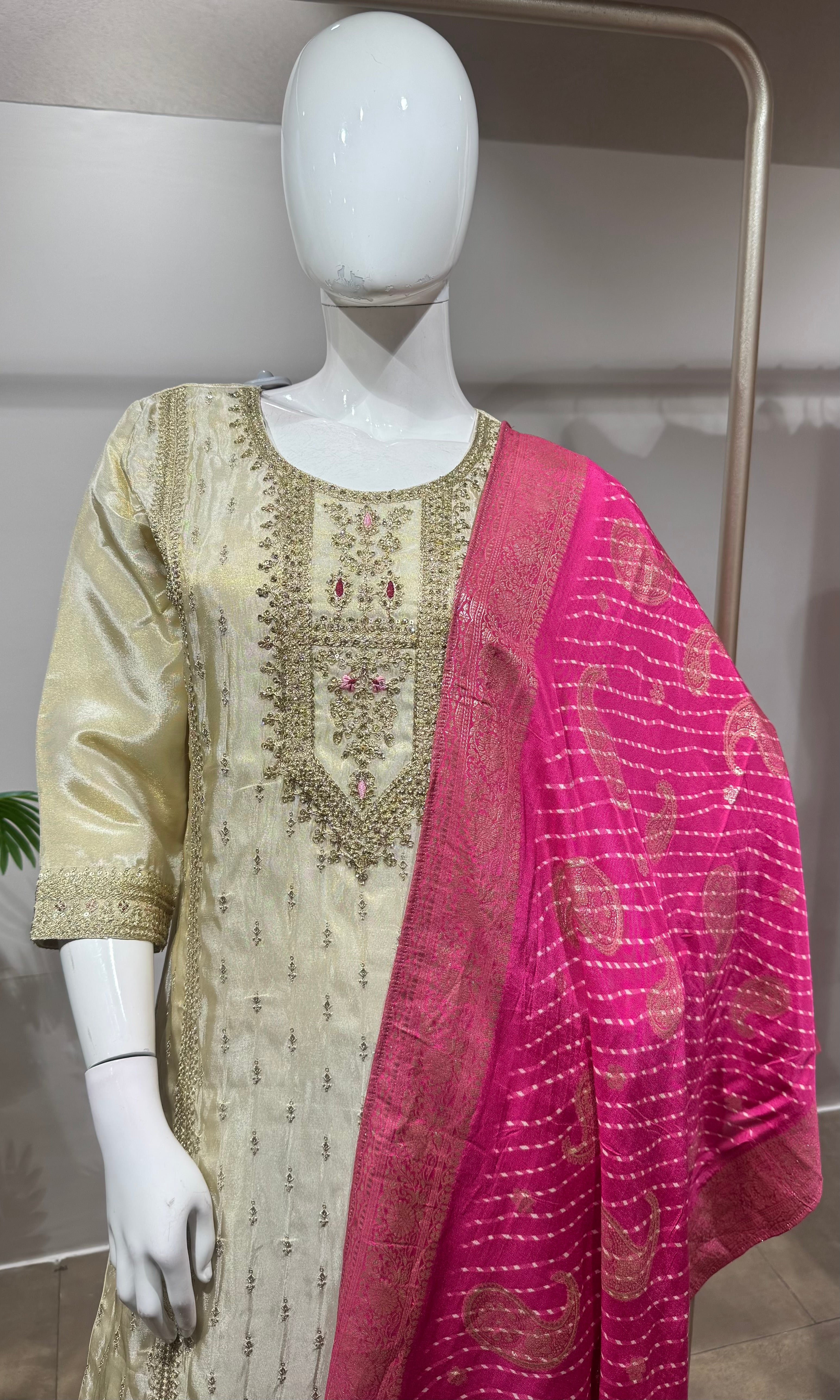 Cream Embroidered Salwar Set with Pink Dupatta