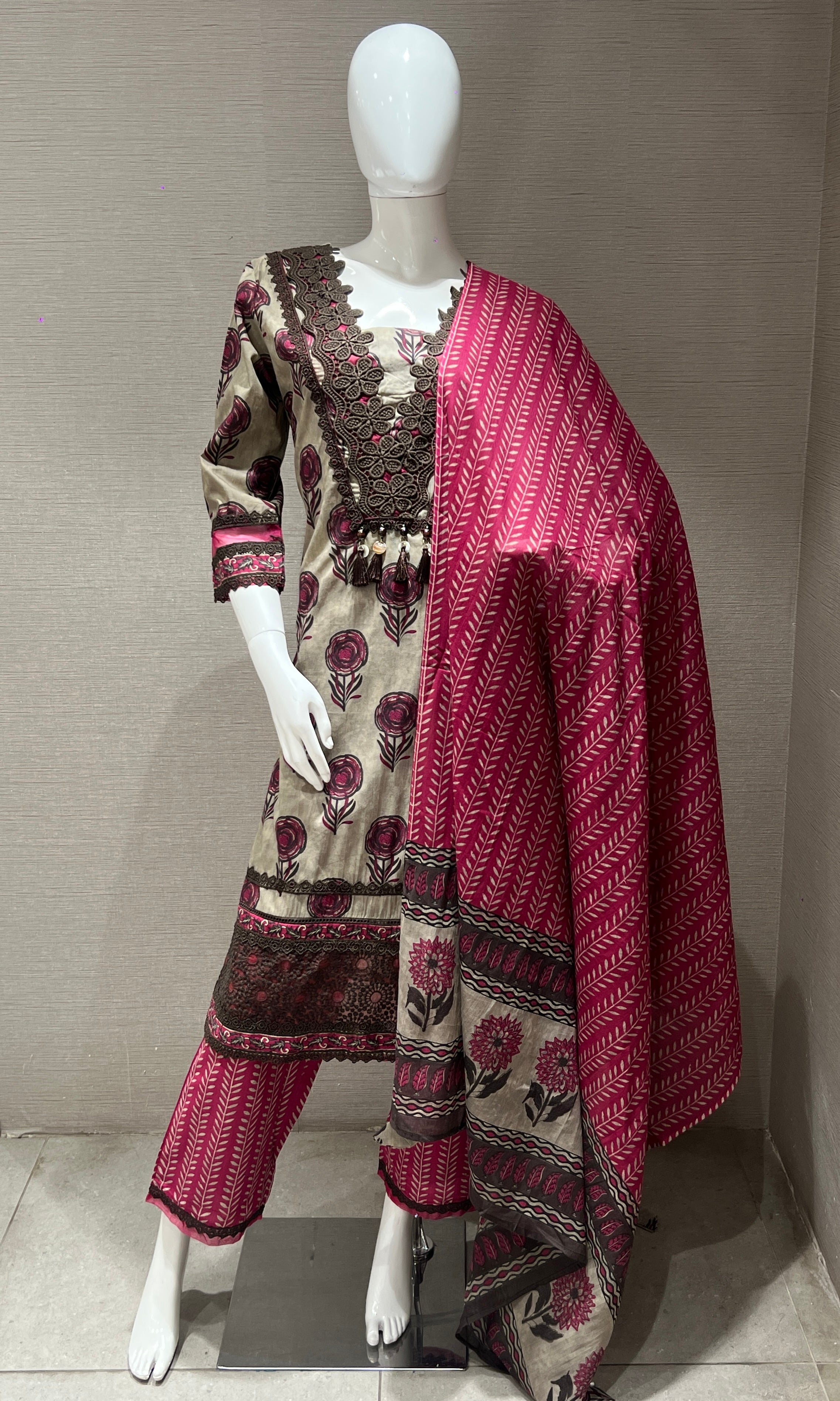 Beige and Magenta kurta set