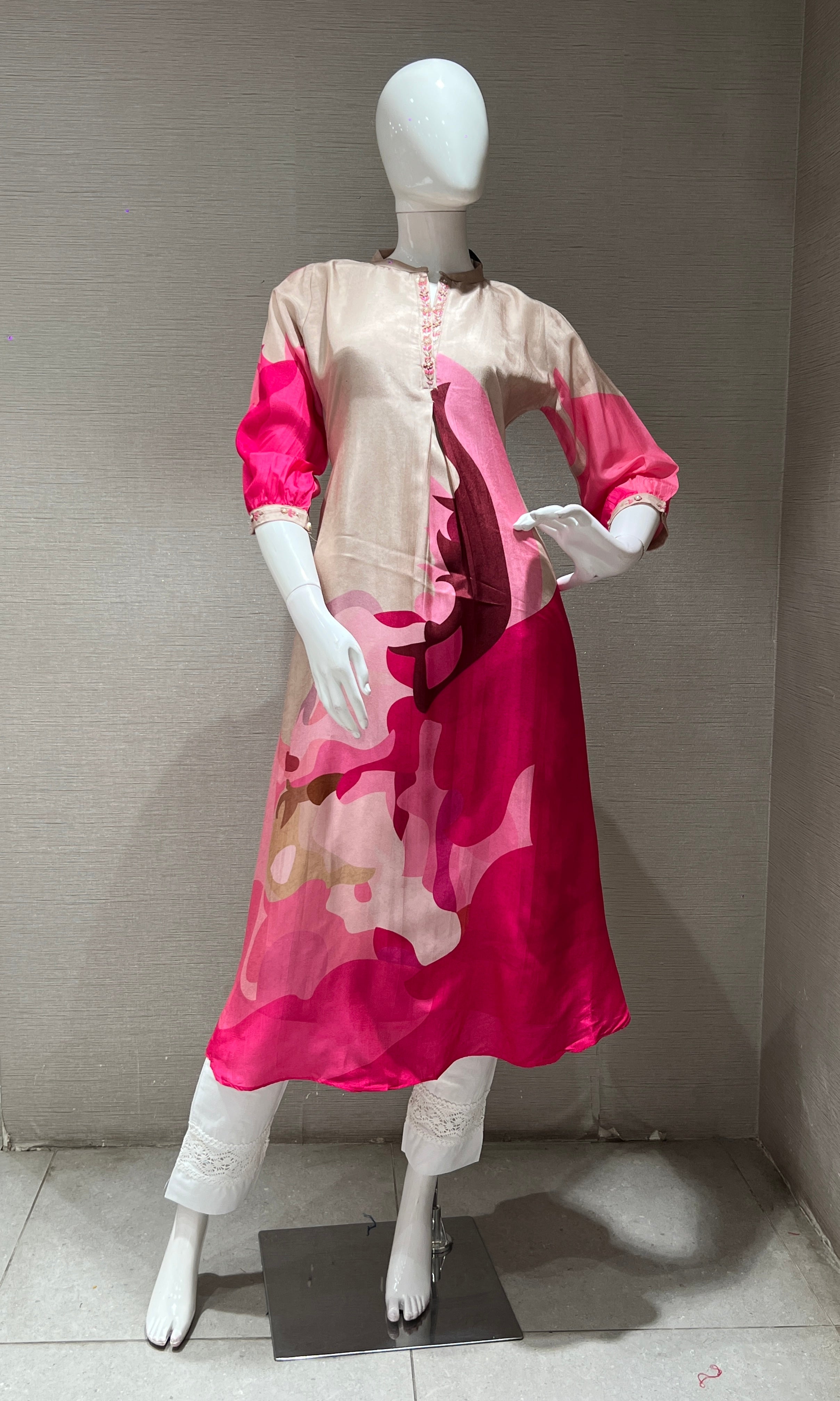 Beige printed pink KURTI TOP